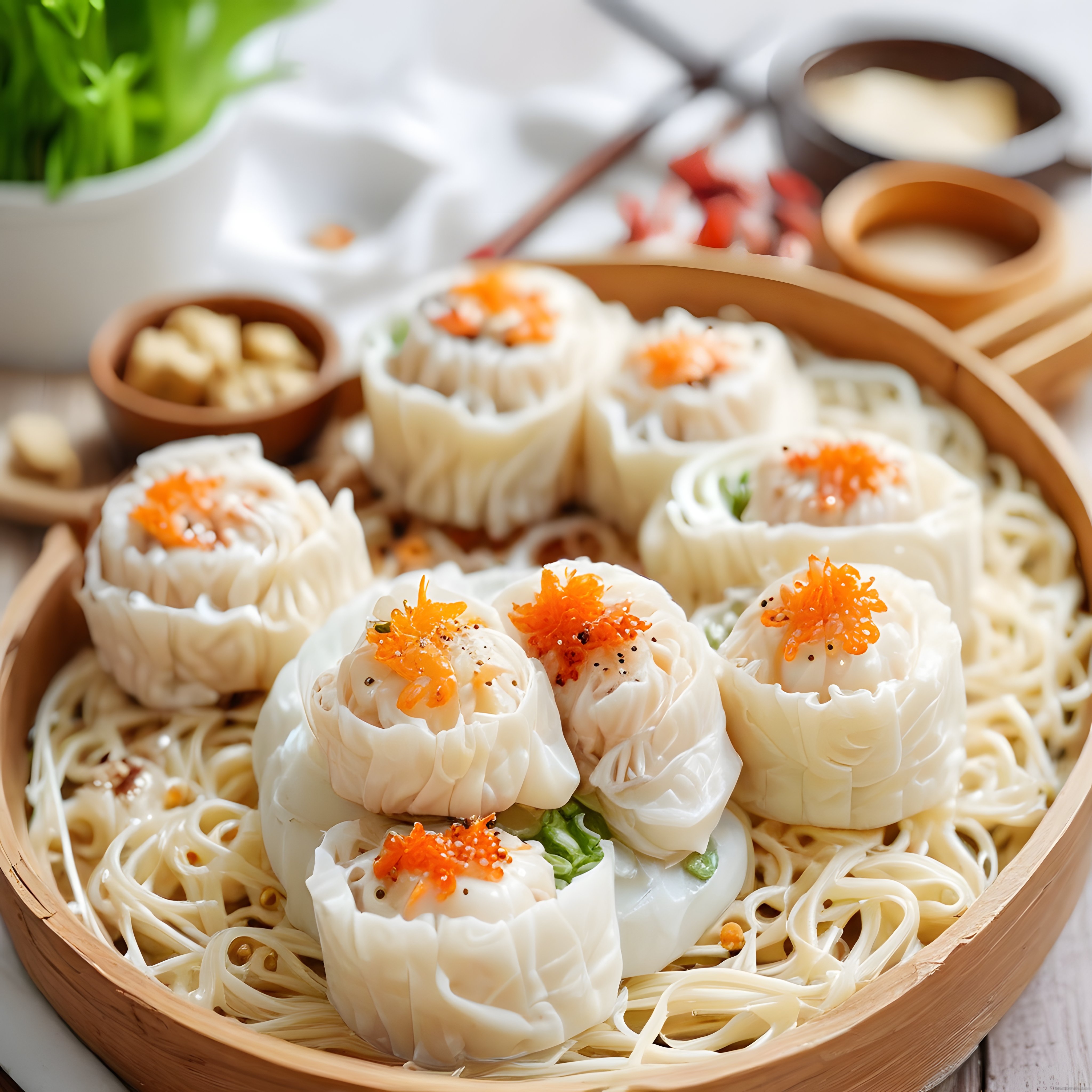 Geleneksel Çin Mutfağından Bambu Sepette Shumai Mantı ve Erişte Sunumu