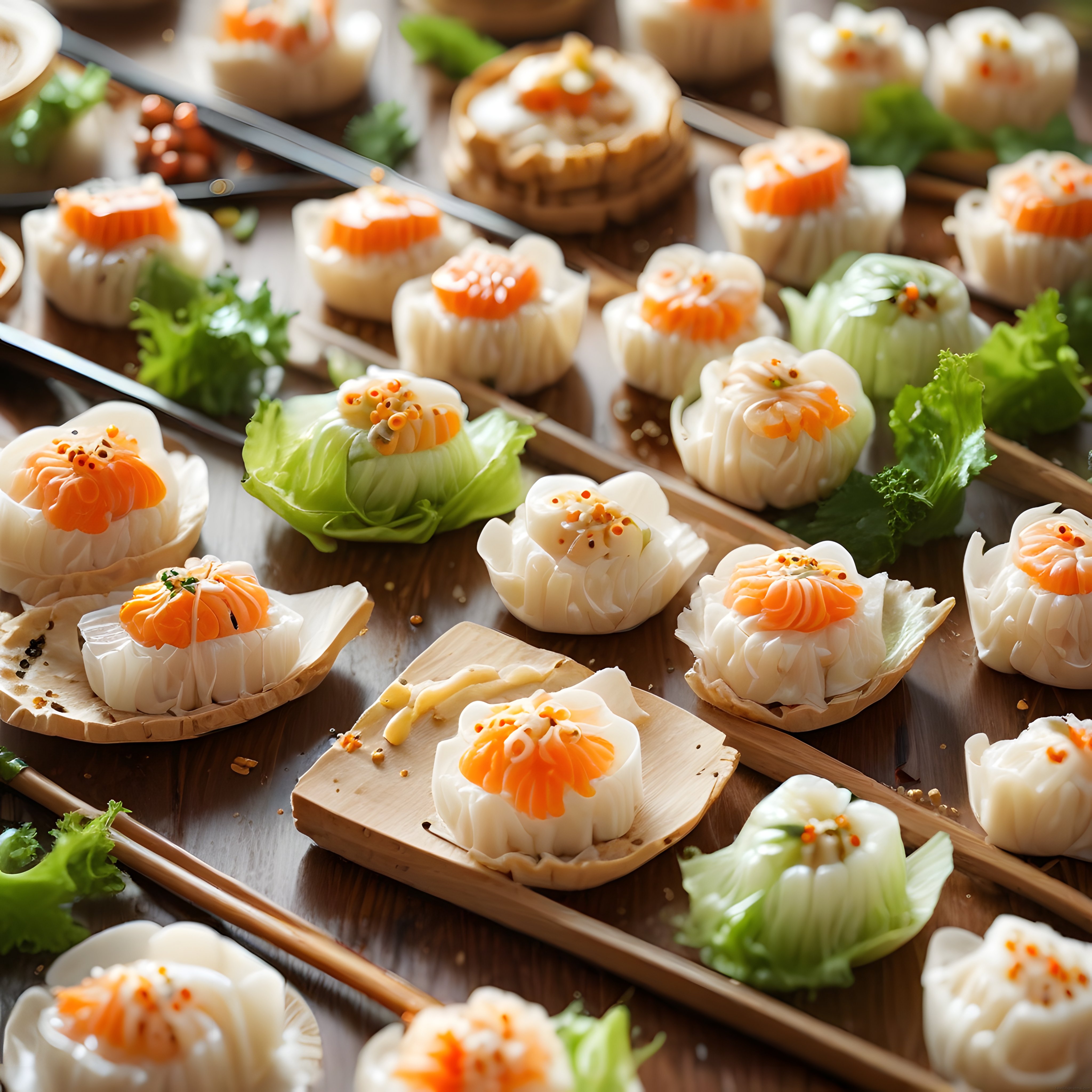 Geleneksel Çin Mutfağından Çiçek Şeklinde Süslenmiş Buharda Pişmiş Dim Sum