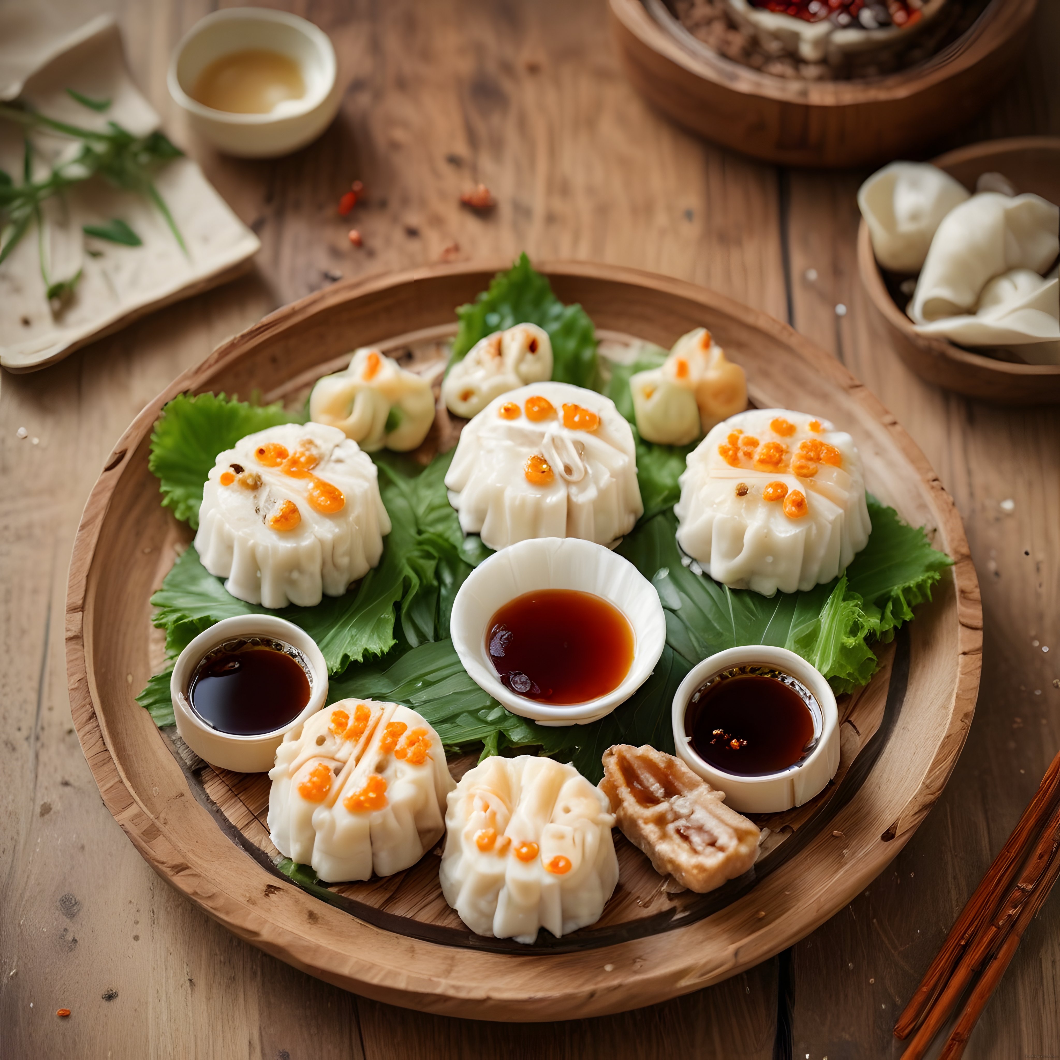 Geleneksel Çin mutfağından özenle sunulan dim sum mantı çeşitleri ve sosları