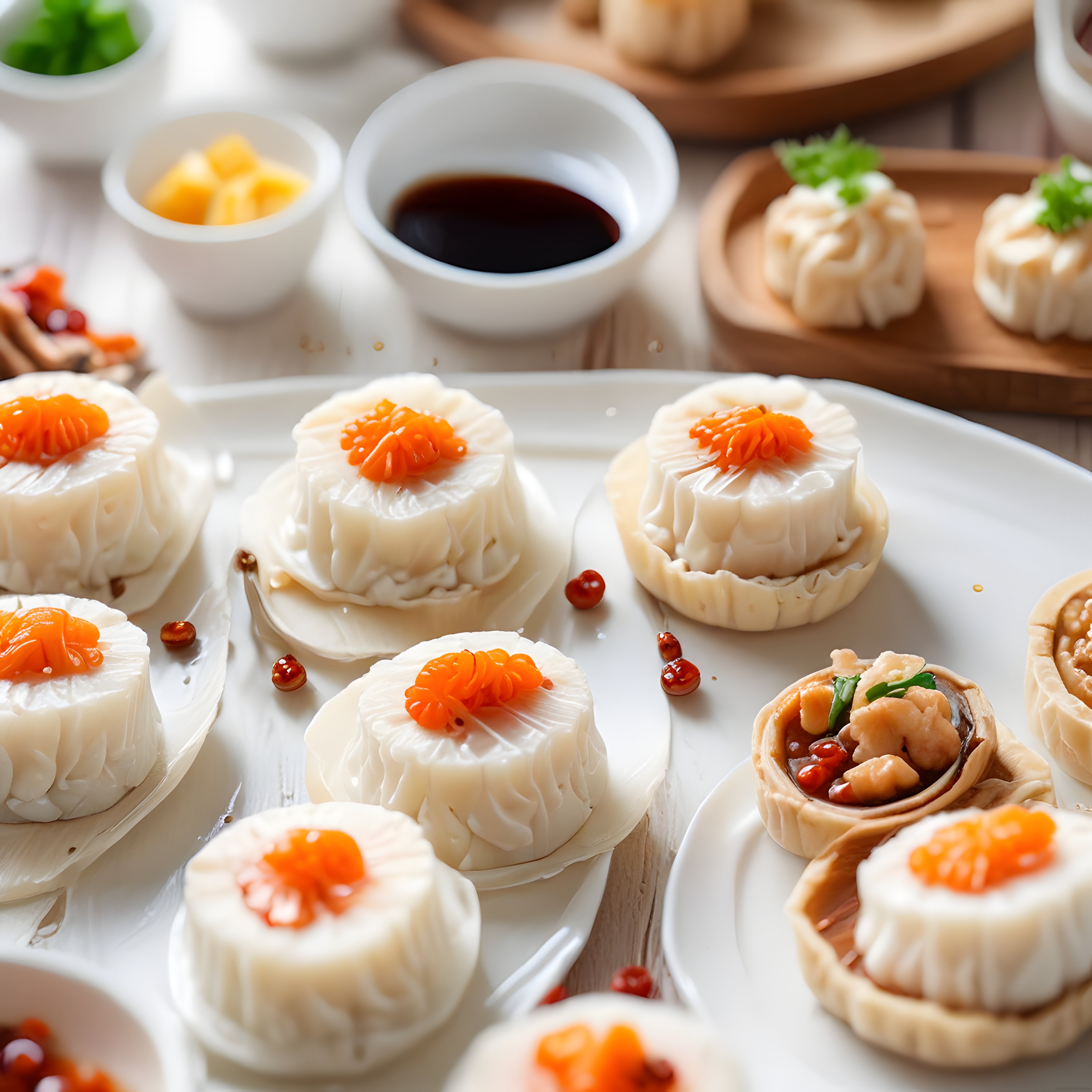 Geleneksel Çin Shumai Mantıları, Turuncu İkramlar ve Soslarla Zarif Sunum
