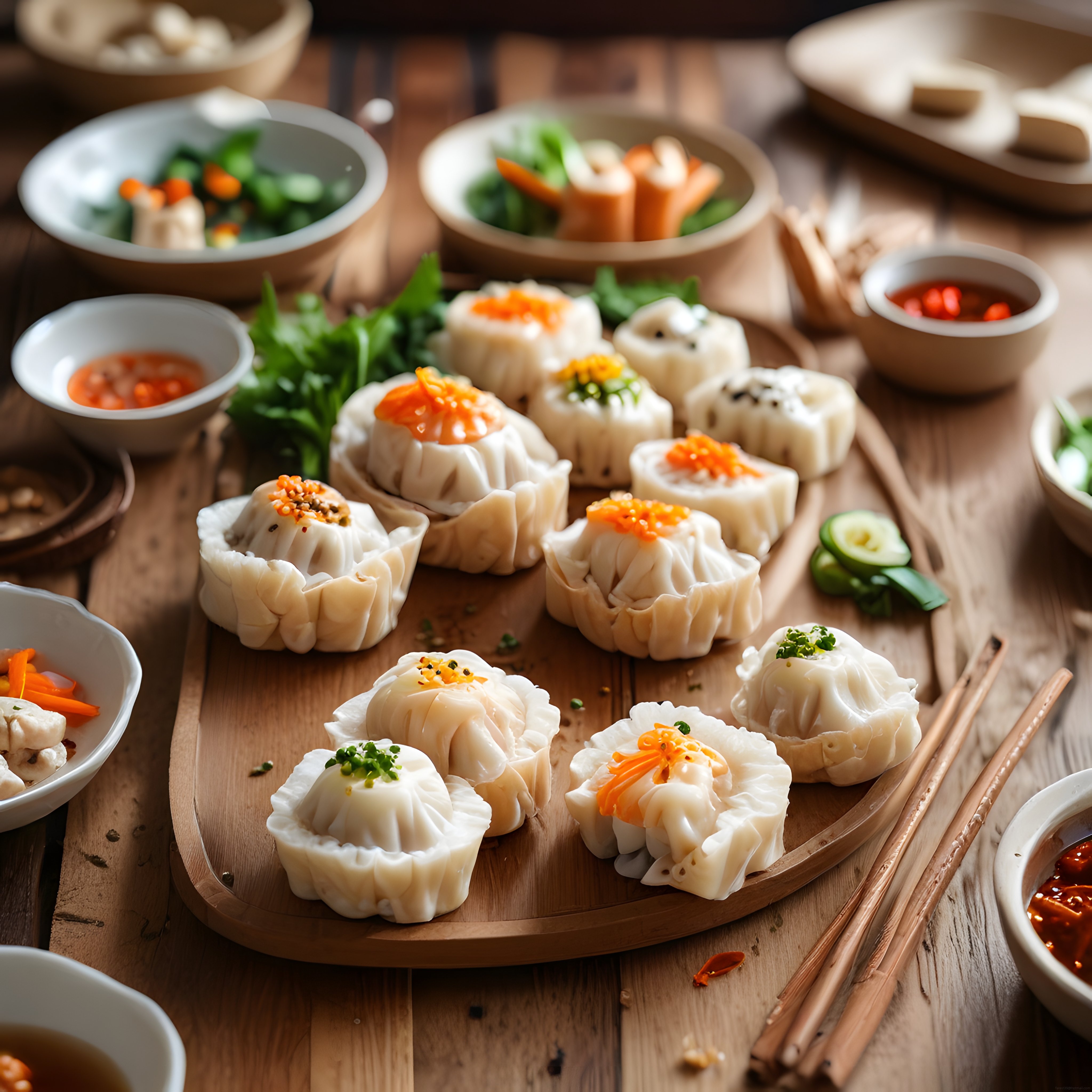 Geleneksel Çin Shumai Mantıları ve Soslarla Zengin Dim Sum Sofrası