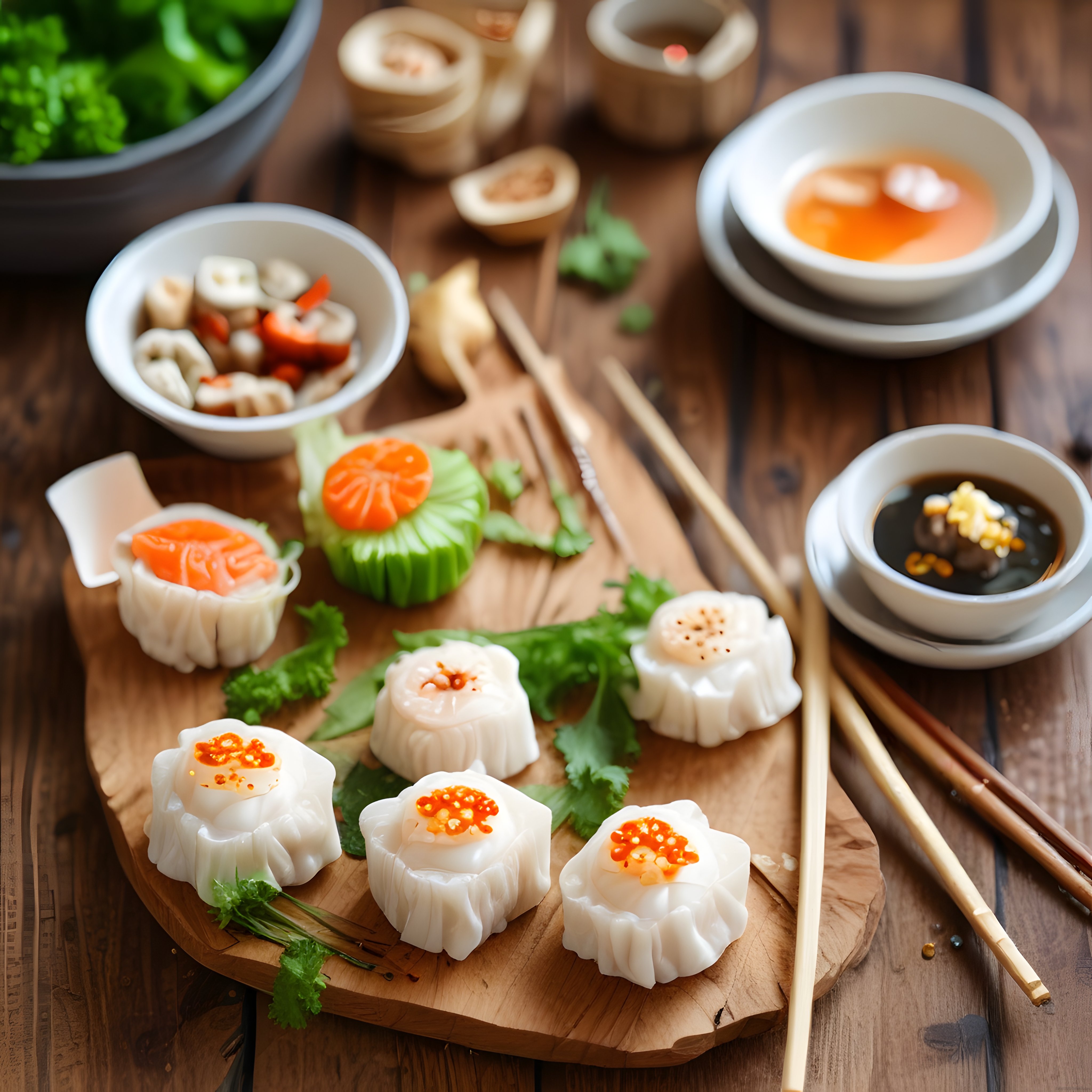 Geleneksel Dim Sum Çeşitleri: Çin Mantıları, Soslar ve Rustik Ahşap Sunum