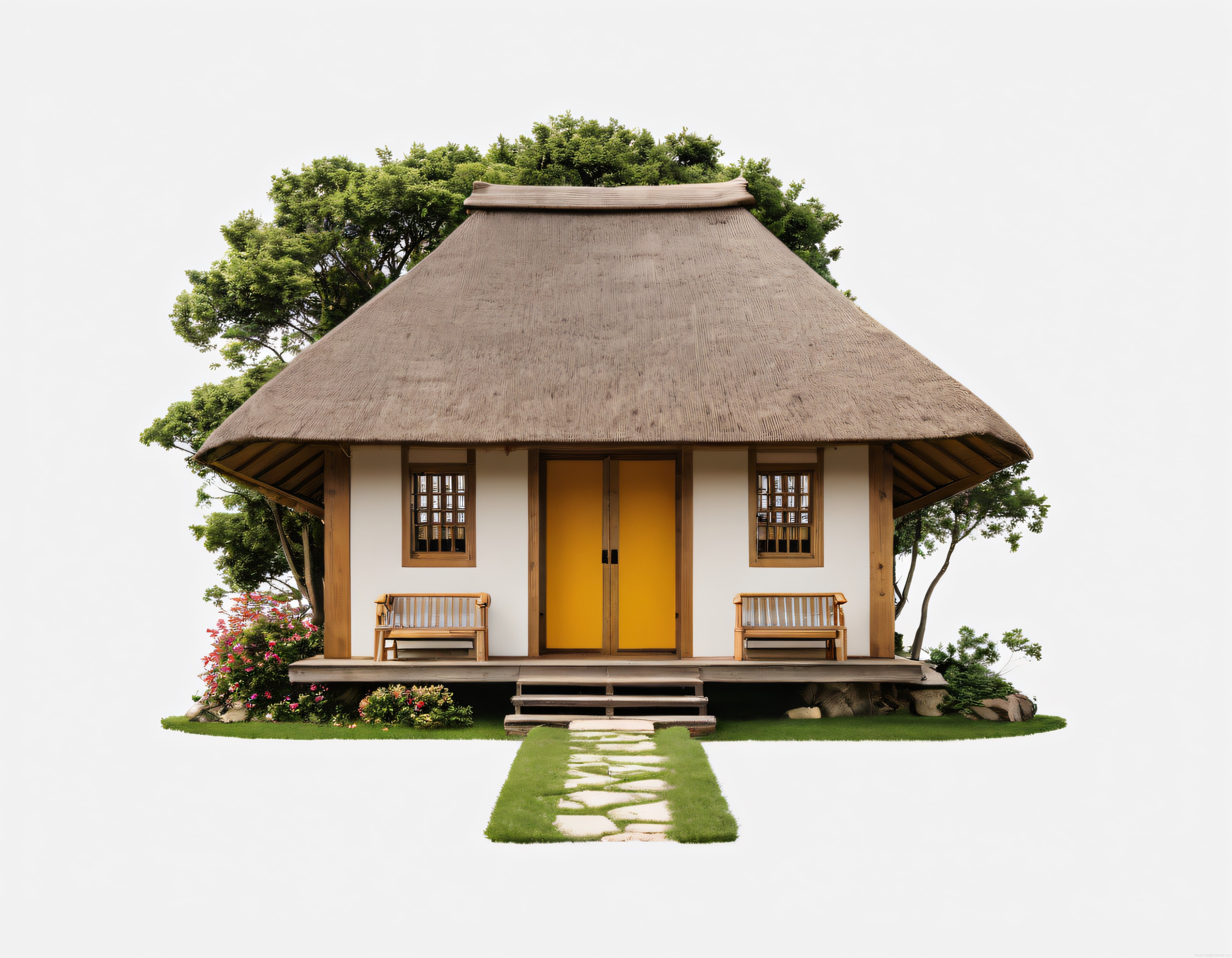 Geleneksel Hasır Çatılı Japon Evi ve Taş Patikalı Zen Bahçesi Manzarası