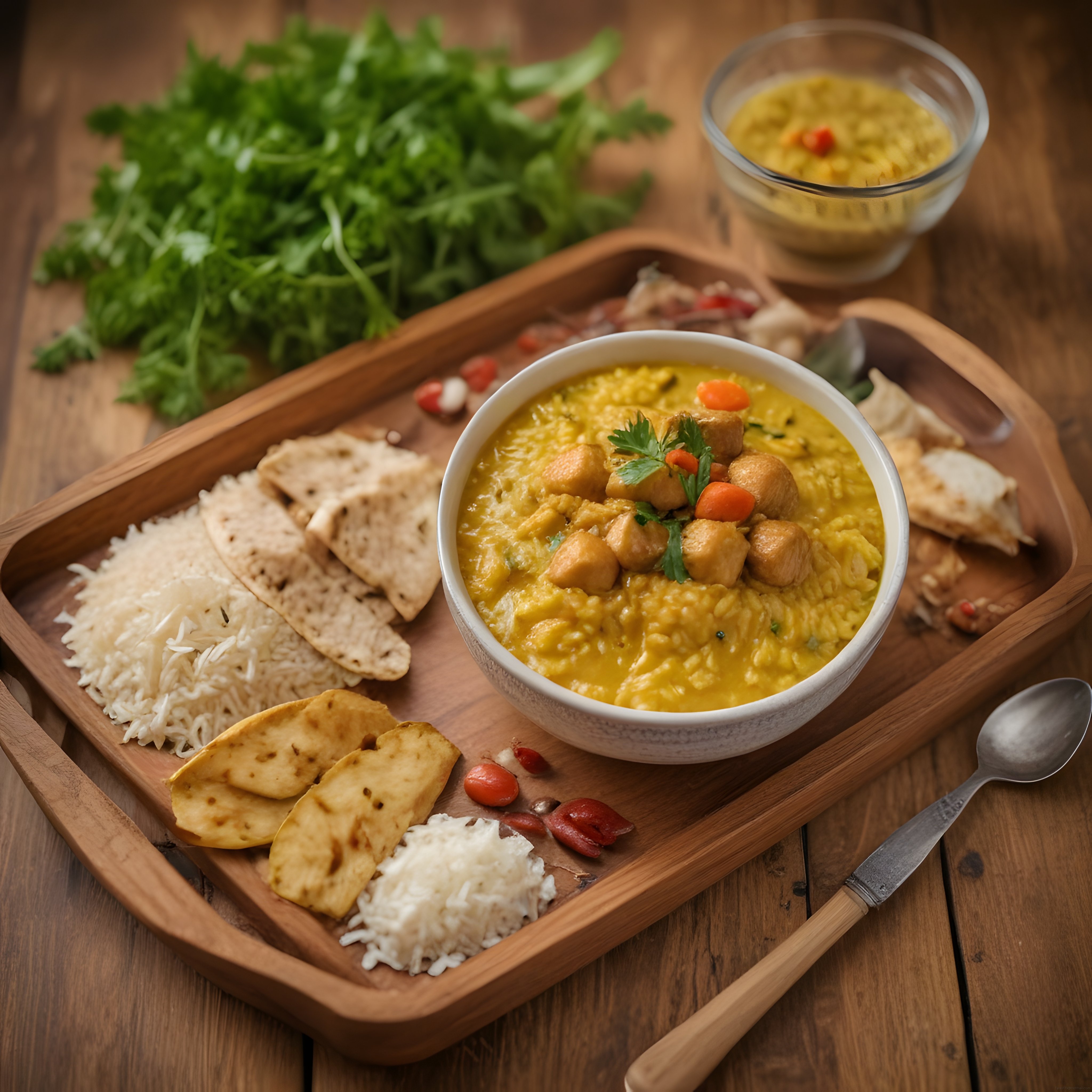 Geleneksel Hint Mutfağından Tavuk Korma Basmati Pilav ve Lavaş Sunumu