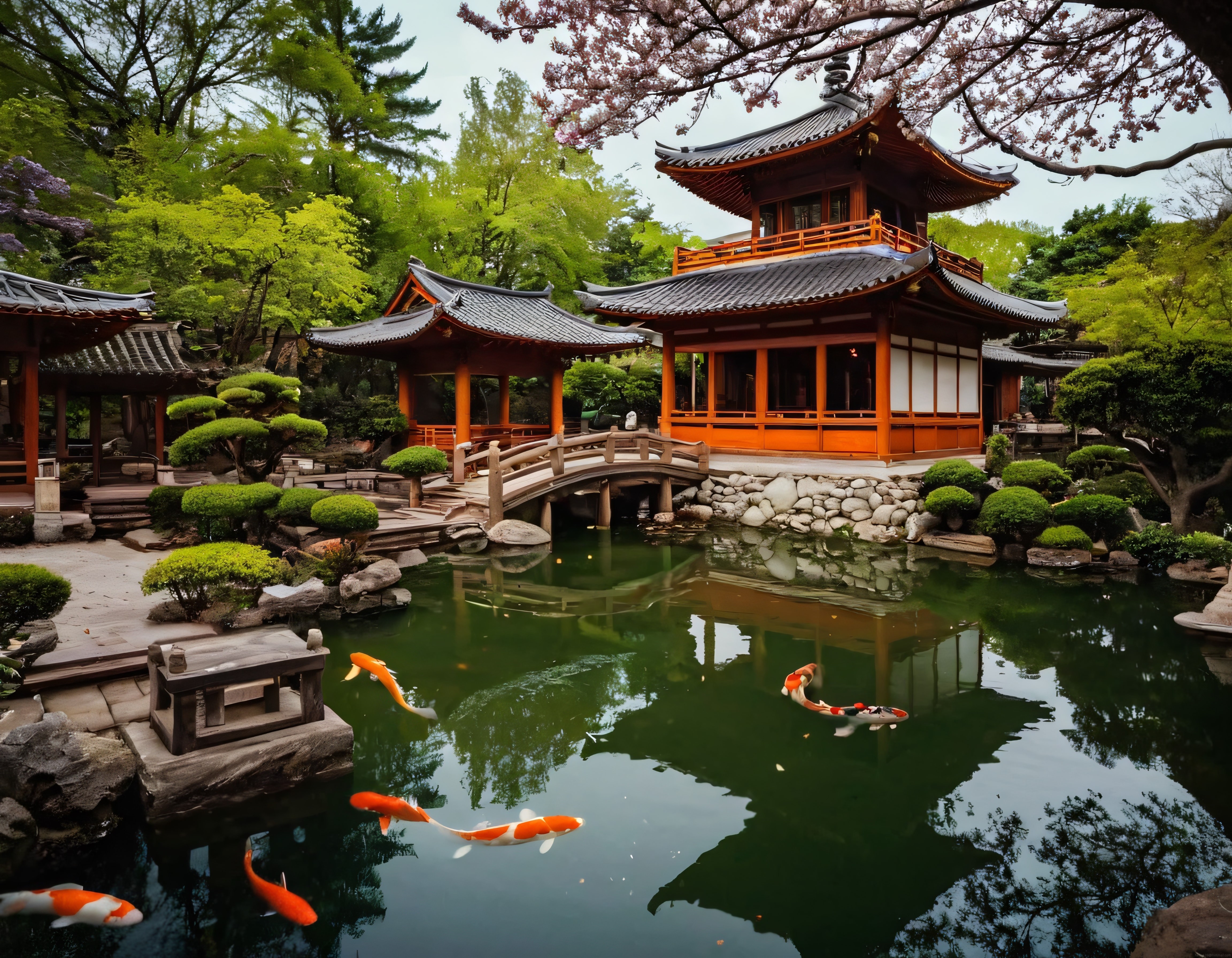 Geleneksel Japon Bahçesinde Koi Balıklı Huzurlu Göl ve Pagoda Manzarası