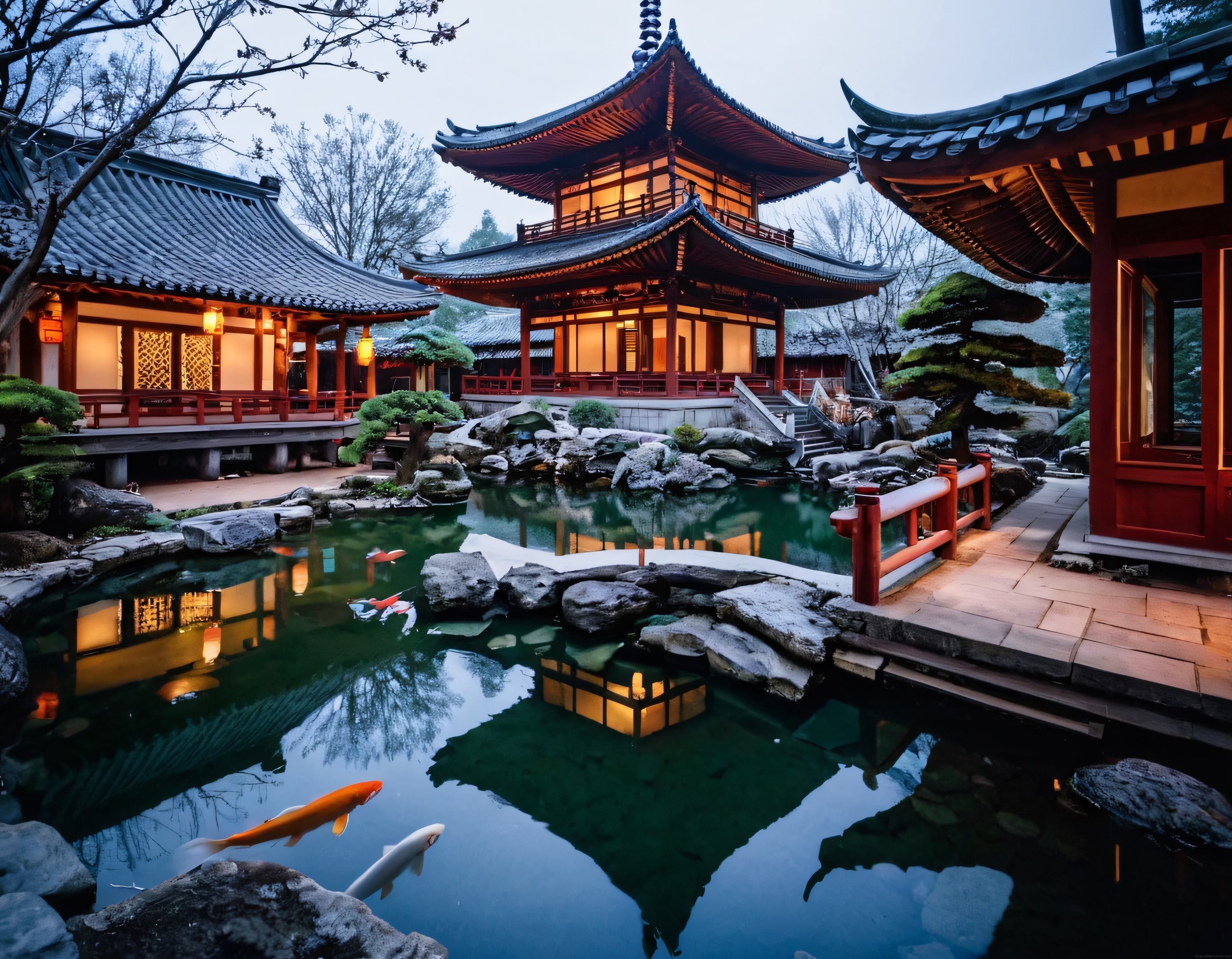 Geleneksel Japon Bahçesinde Mistik Gün Batımı Manzarası ve Koi Balıkları