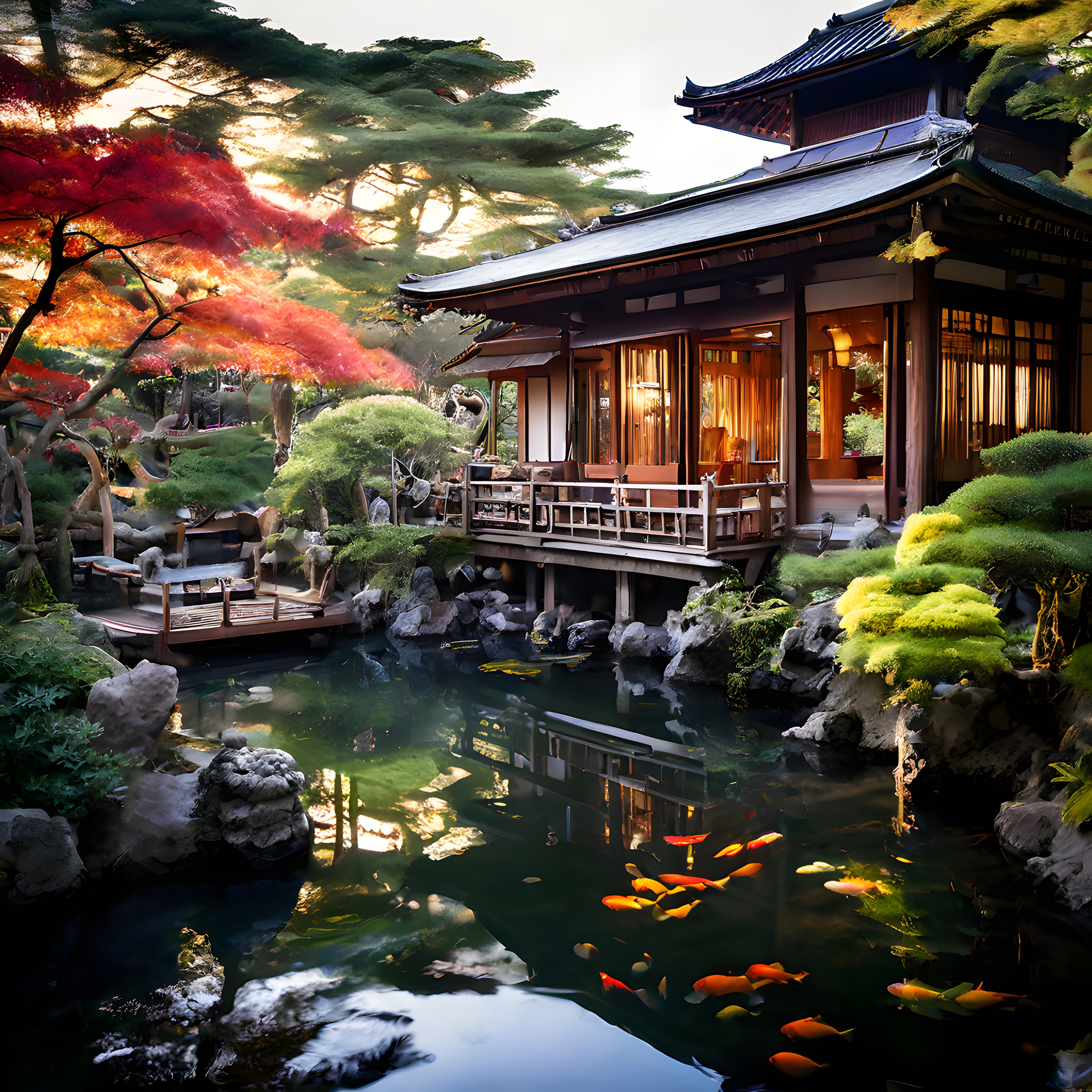 Geleneksel Japon Bahçesinde Zen Atmosferi ve Koi Balıklı Havuz