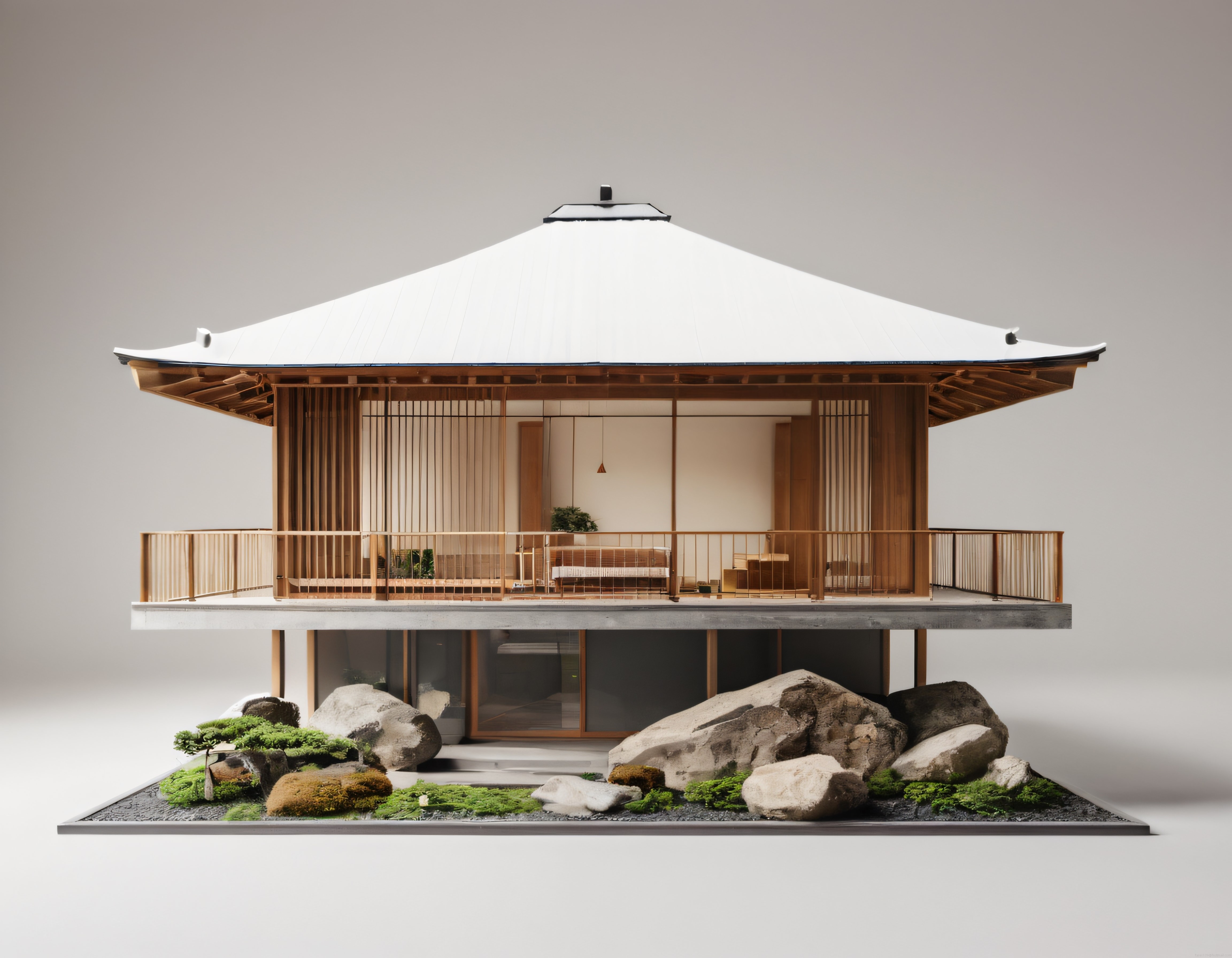 Geleneksel Japon çizgileri taşıyan modern ahşap konut maketi ve zen bahçesi