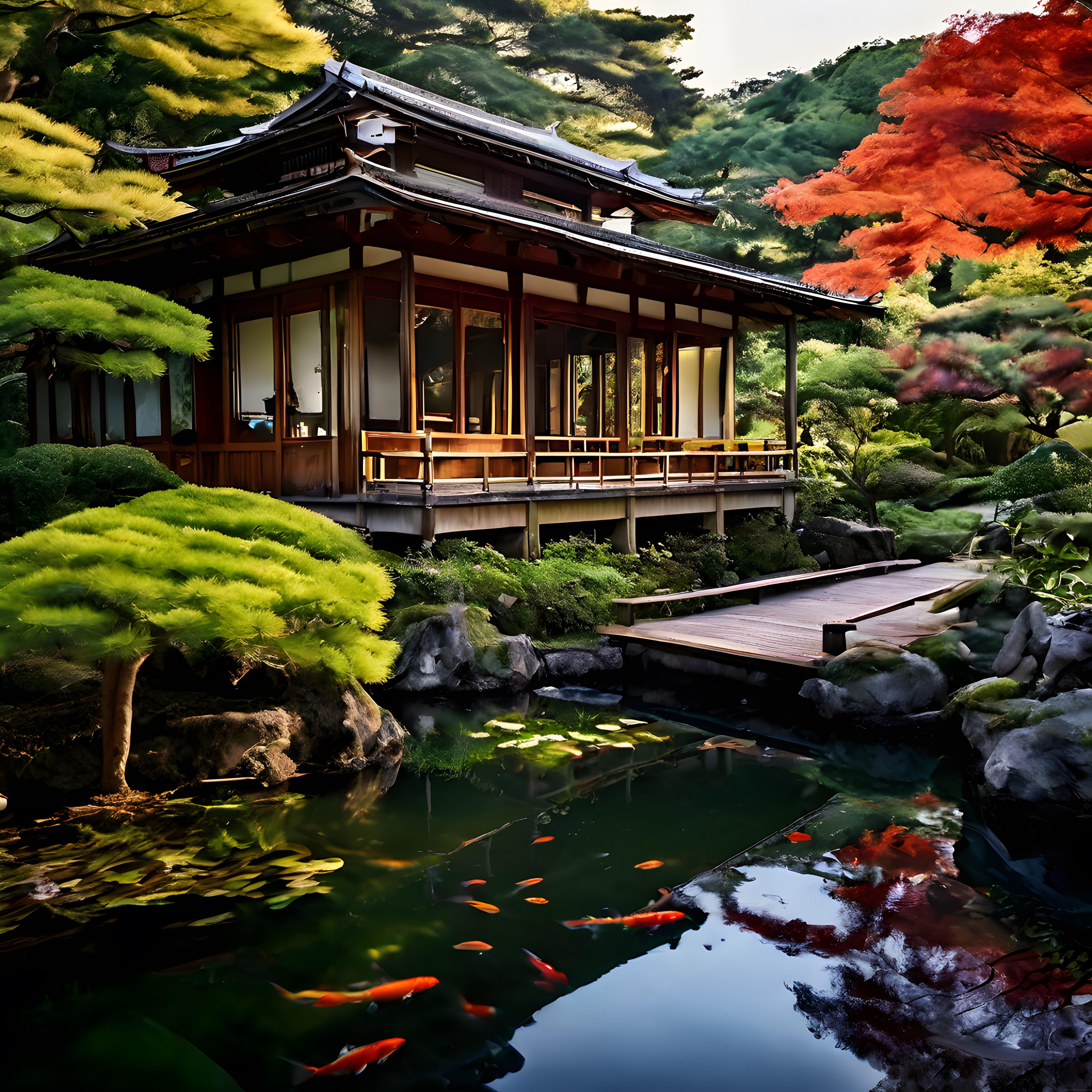 Geleneksel Japon Evi, Koi Balıklı Gölet ve Sonbaharın Huzur Veren Uyumu