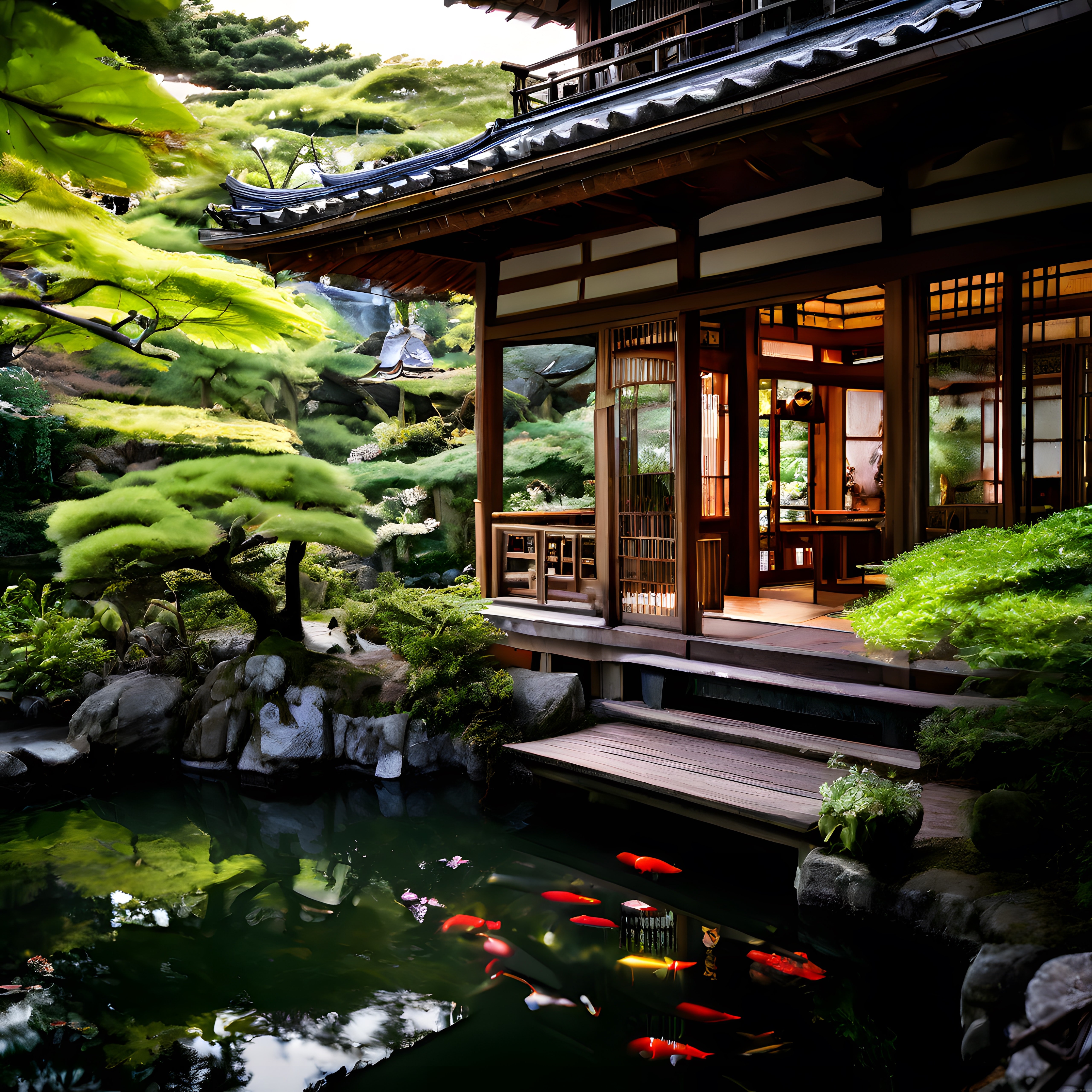 Geleneksel Japon Evi ve Koi Balıklı Havuzlu Zen Bahçe Manzarası
