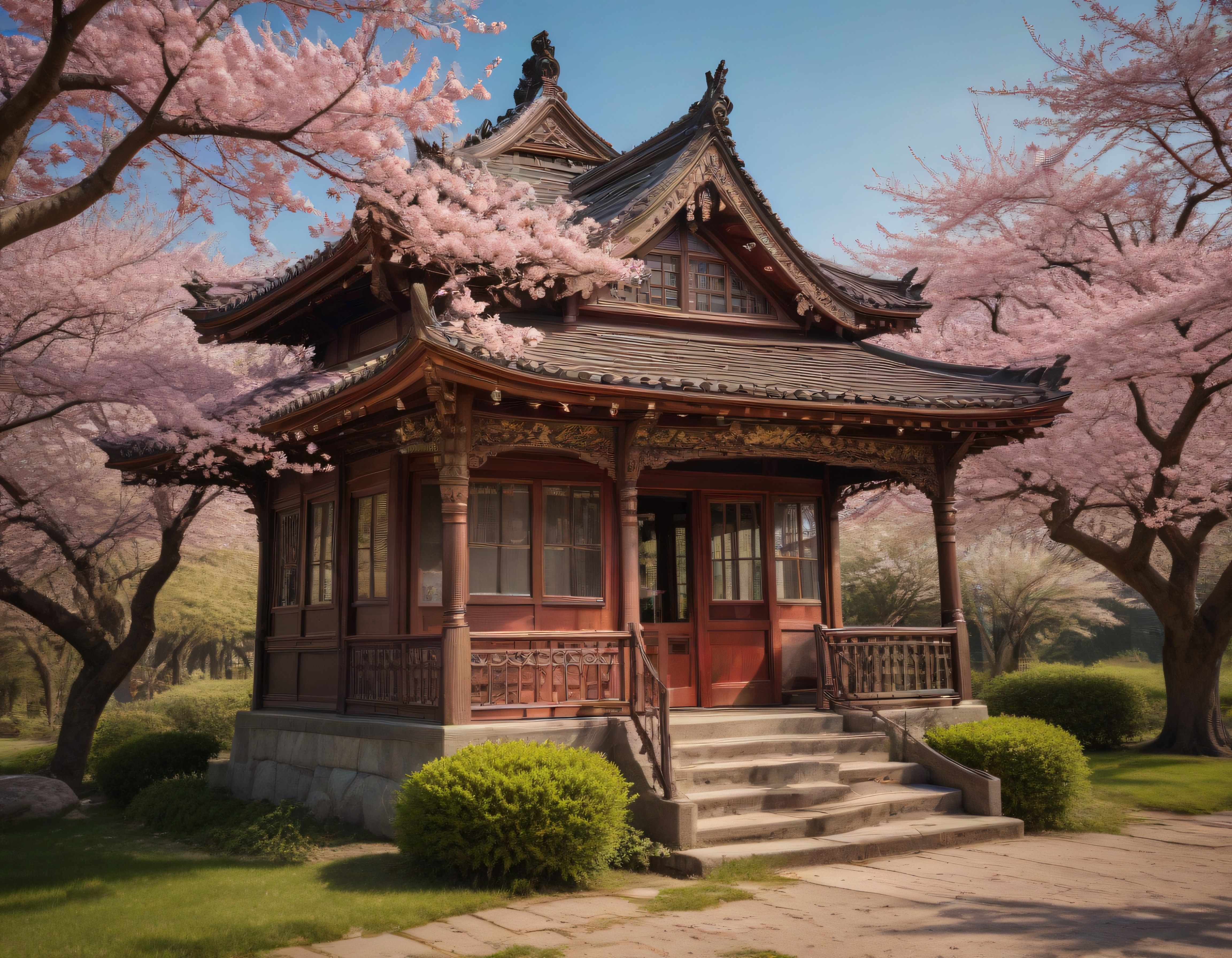 Geleneksel Japon Evinin Önünde Açan Pembe Kiraz Çiçekleri ve Bahar Manzarası