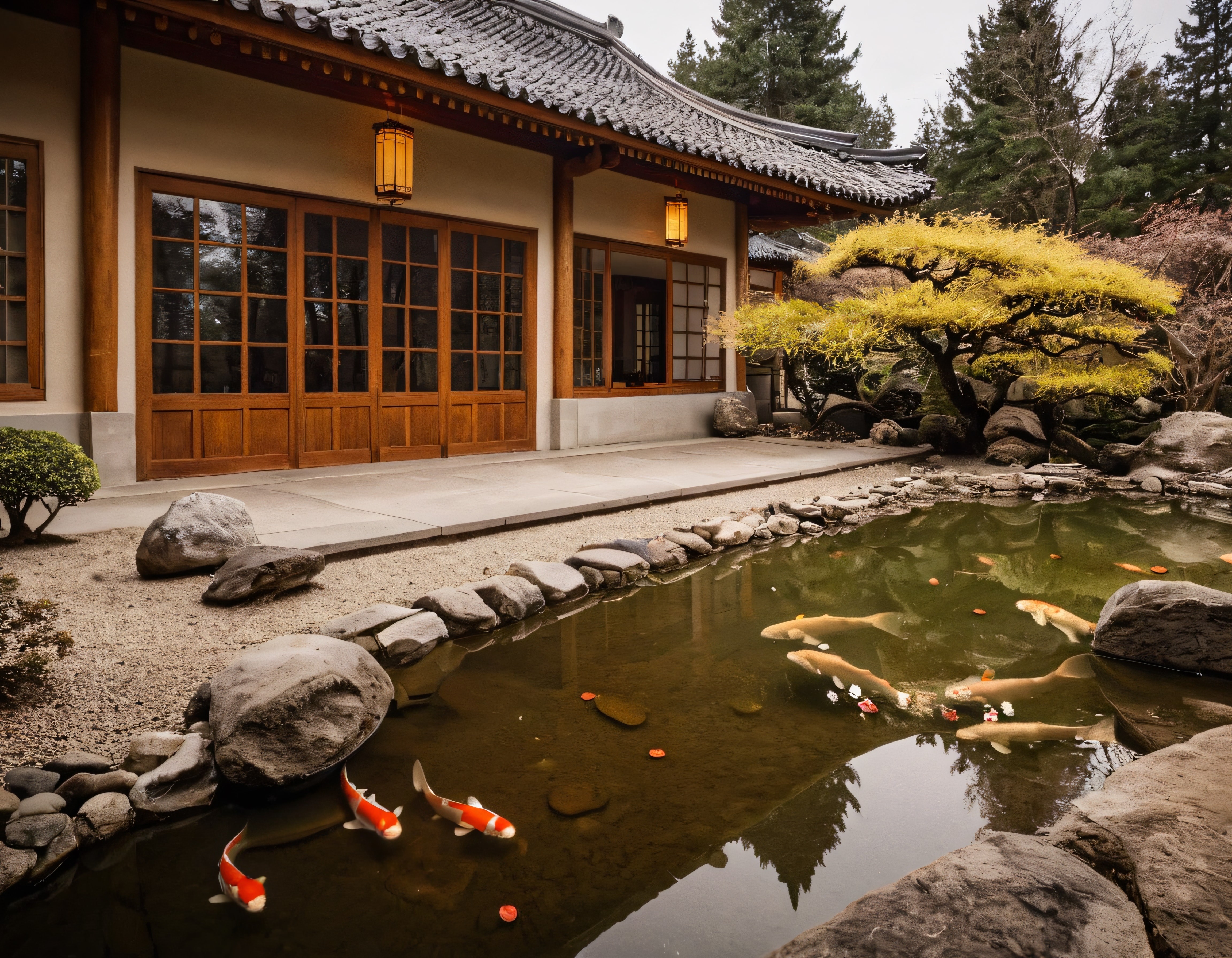 Geleneksel Japon Evinin Önünde Koi Balıklı Sessiz Zen Bahçesi Manzarası