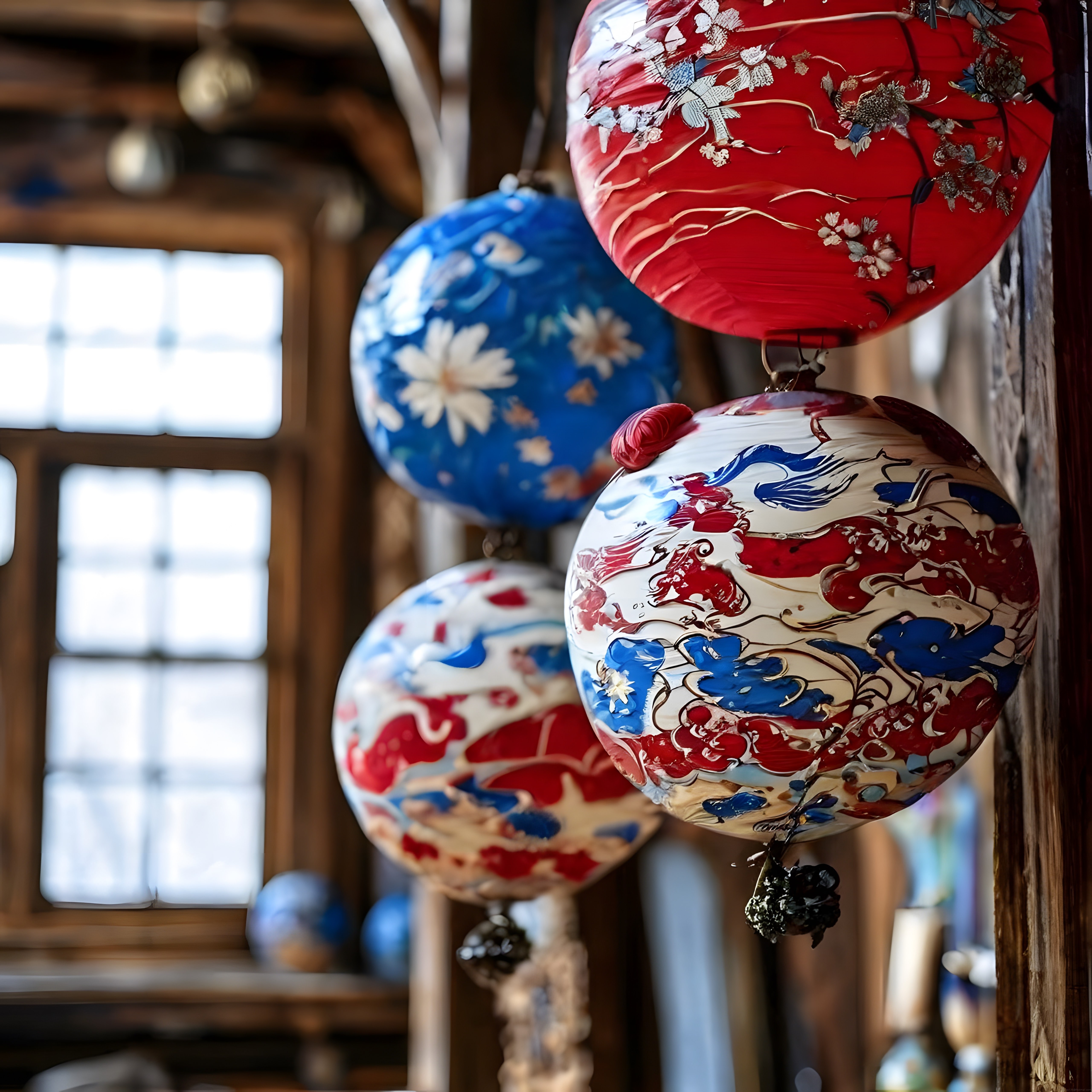 Geleneksel Japon fenerleriyle bezeli ahşap tapınak iç mekanı ve etnik dekor