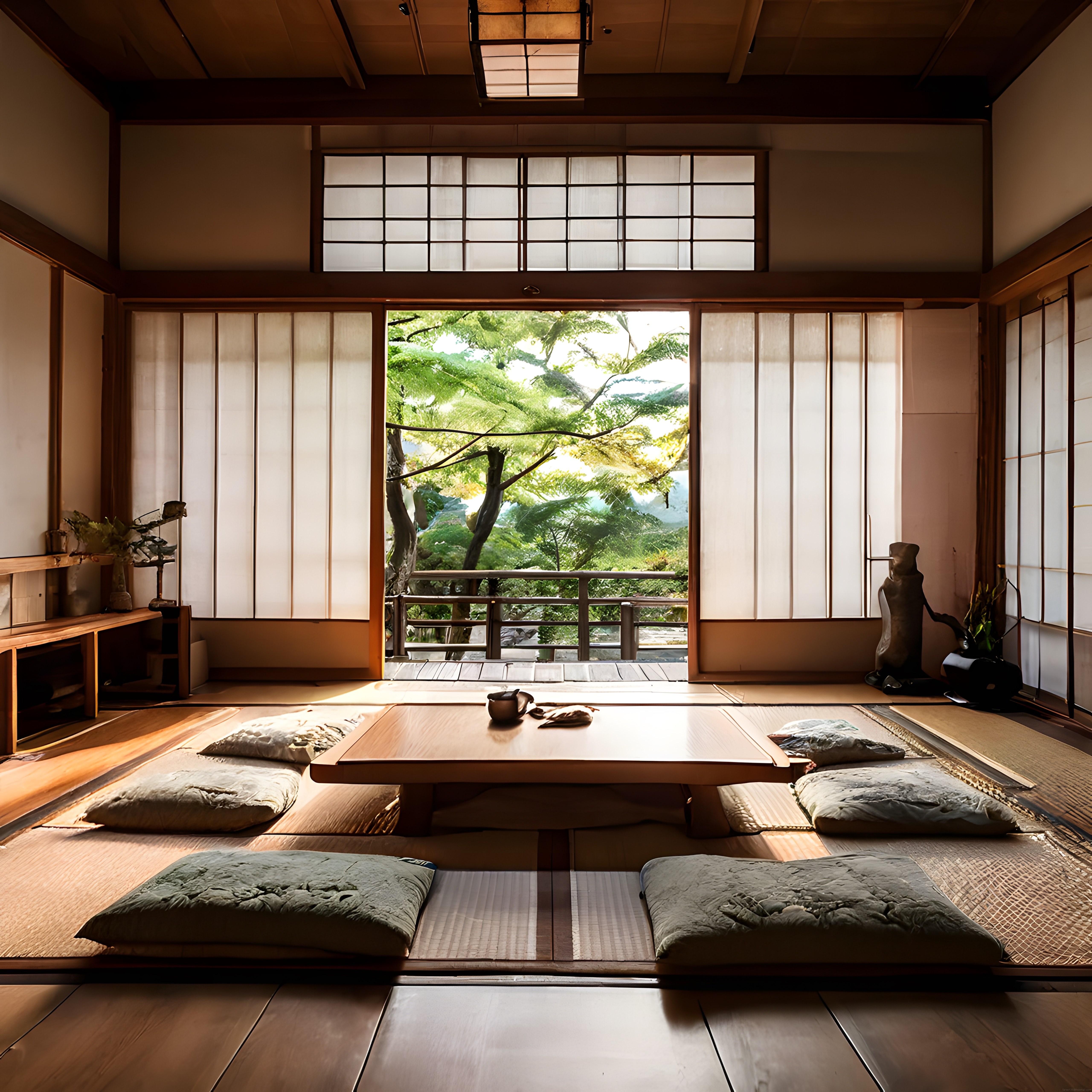Geleneksel Japon İç Mekanı: Tatami, Ahşap Masa ve Yeşil Bahçe Manzarası