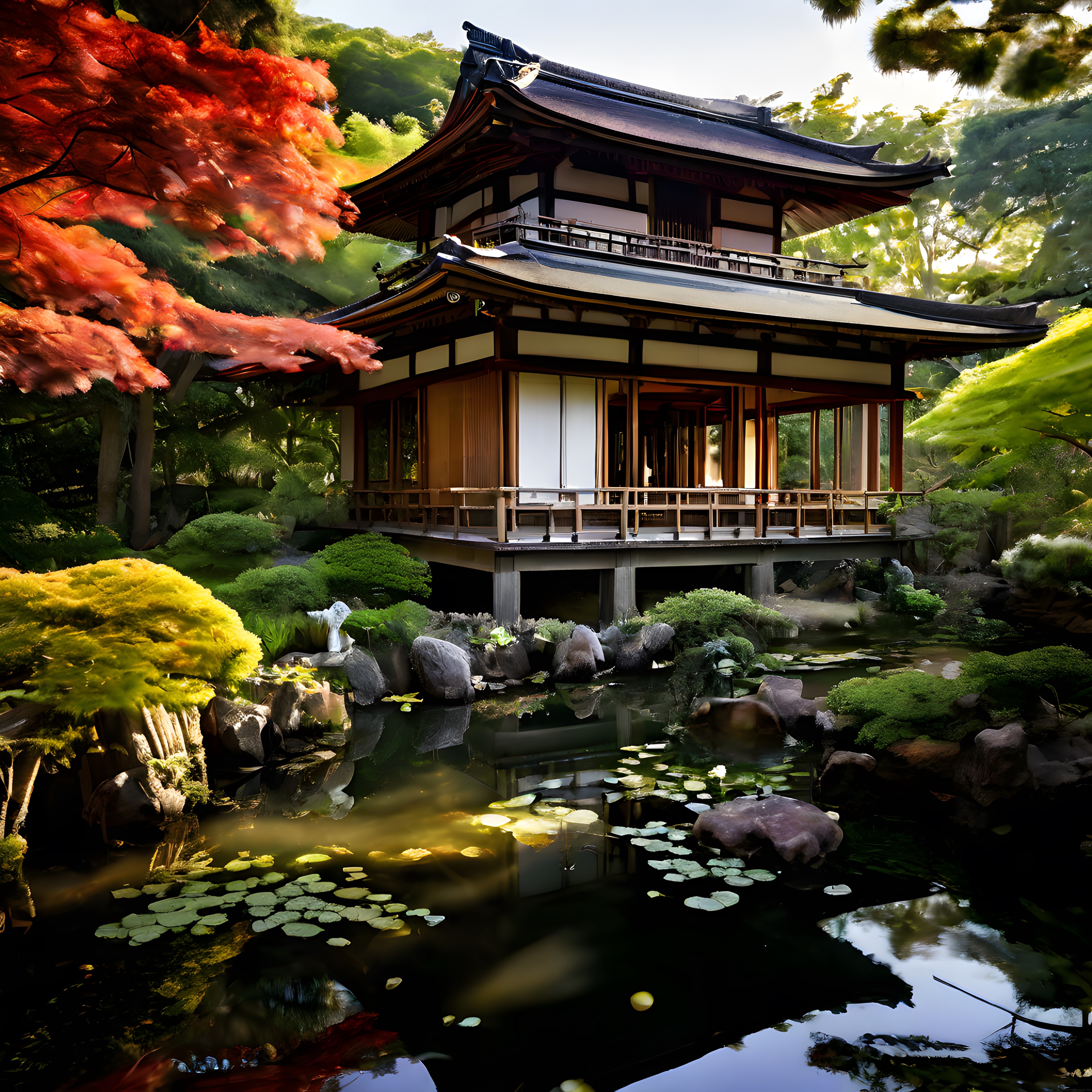 Geleneksel Japon mimarisinde pagoda, sakin göl ve sonbahar akçaağaçlarının uyumu