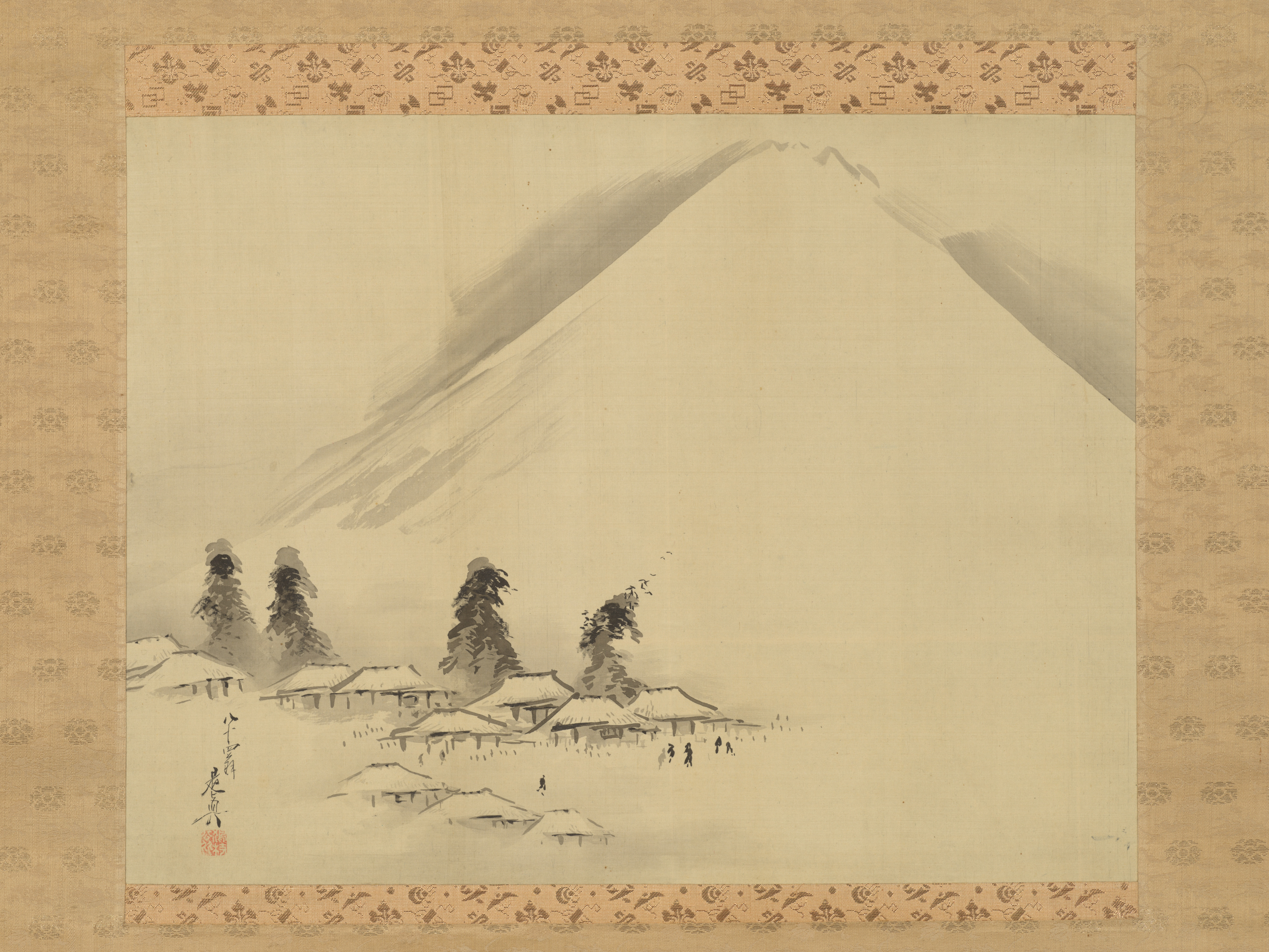 Geleneksel Japon Mürekkep Resminde Karlı Fuji Dağı ve Eteklerindeki Köy