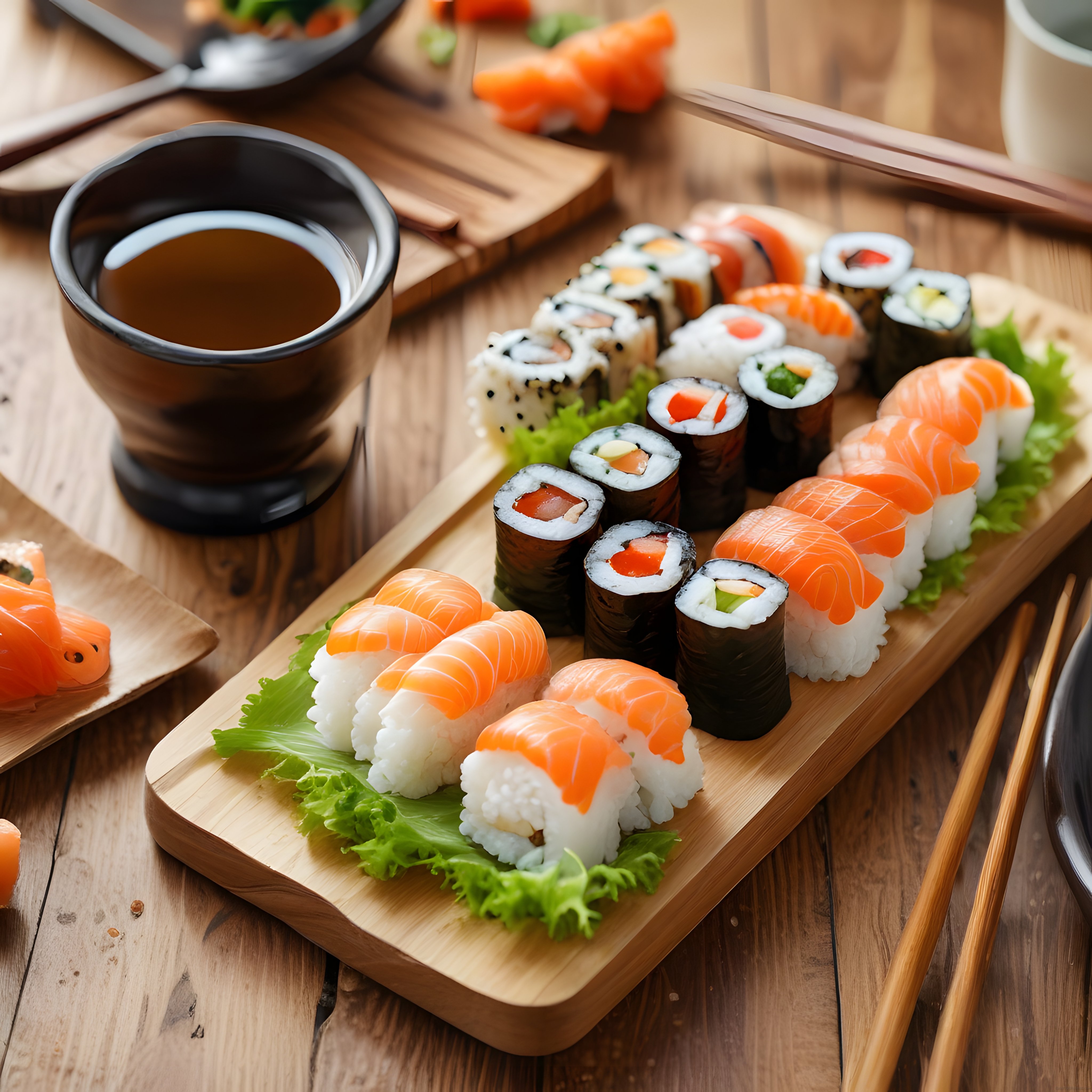 Geleneksel Japon Mutfağından Taze Somon Nigiri ve Maki Sushi Sunumu