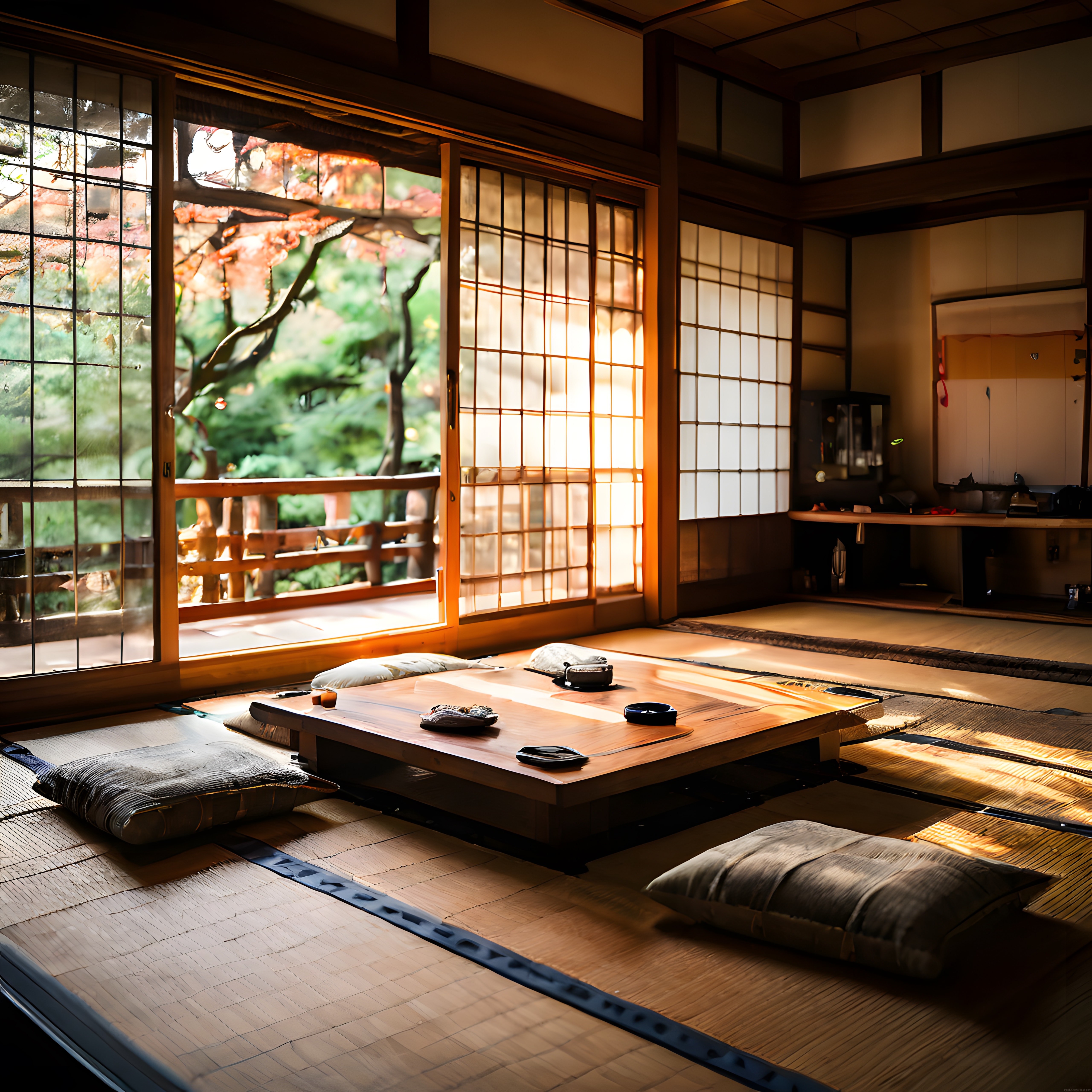Geleneksel Japon Oda İçi: Sonbahar Işığında Huzurlu Tatami ve Ahşap Salon