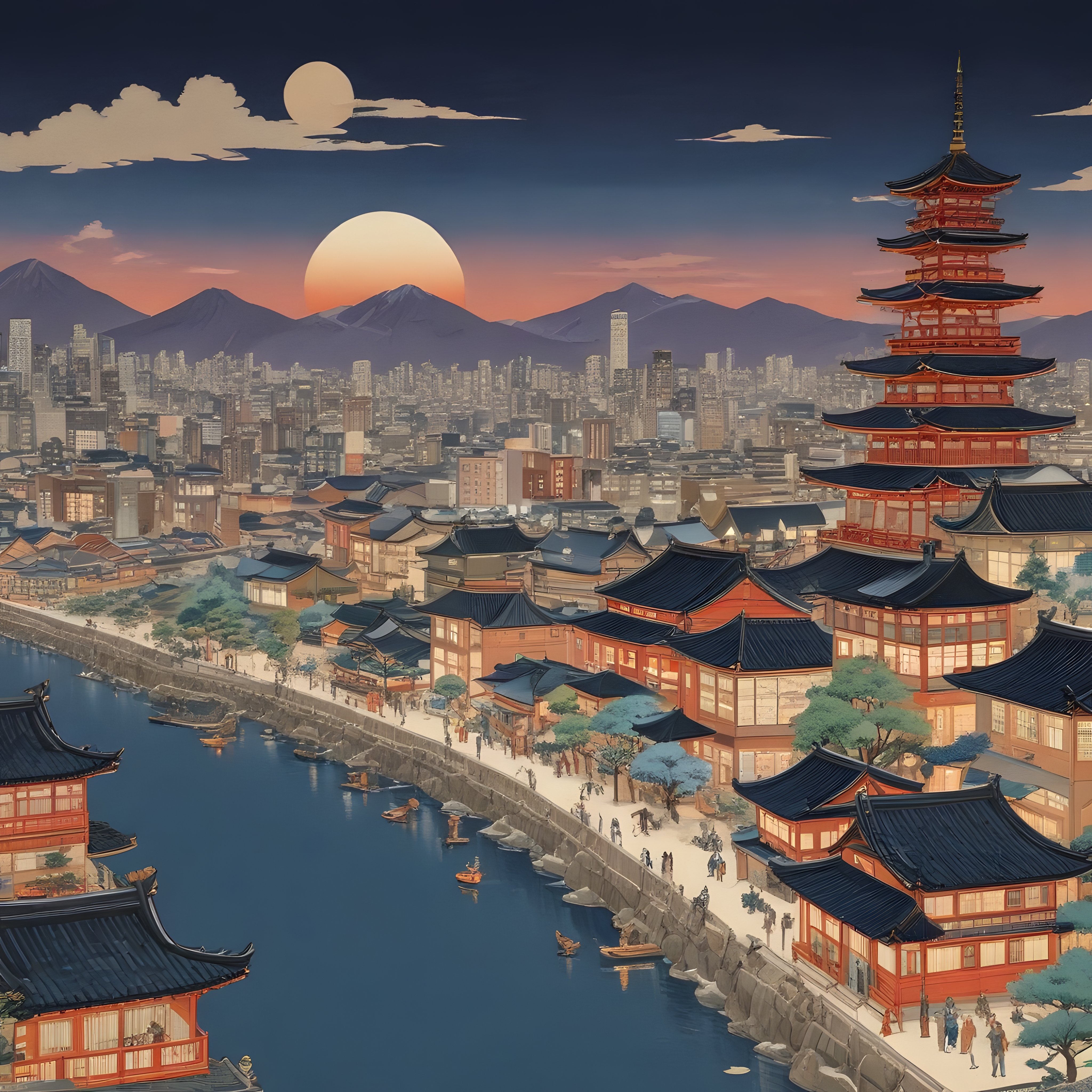 Geleneksel Japon Pagodaları ve Modern Şehir Manzarası ile Eşsiz Bir Gün Batımı