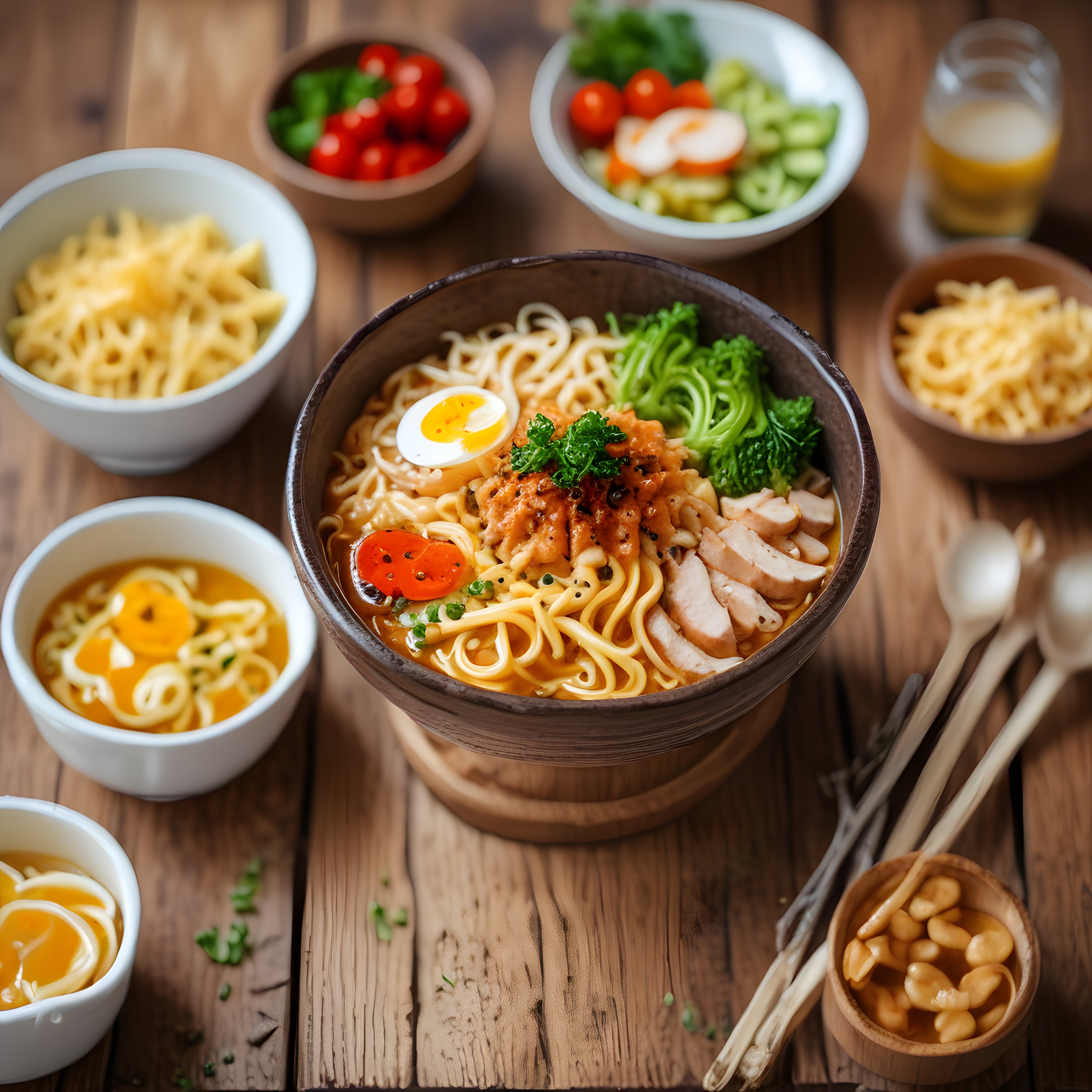 Geleneksel Japon Ramen Çorbası ve Yan Malzemeleriyle Şık Ahşap Masa Sunumu