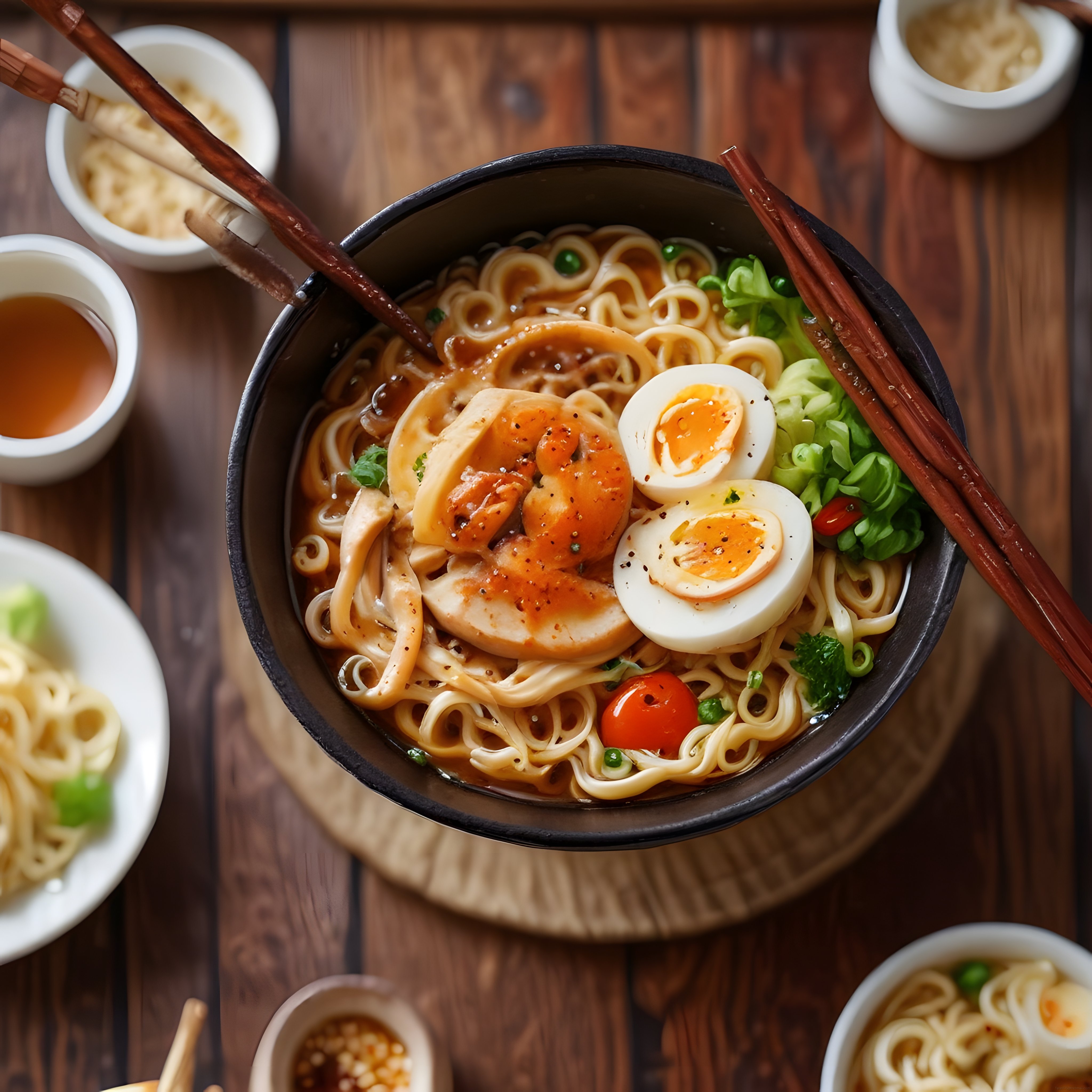 Geleneksel Japon ramen kasesi ahşap masada, yumurtalı, tavuklu ve sebzeli sunum