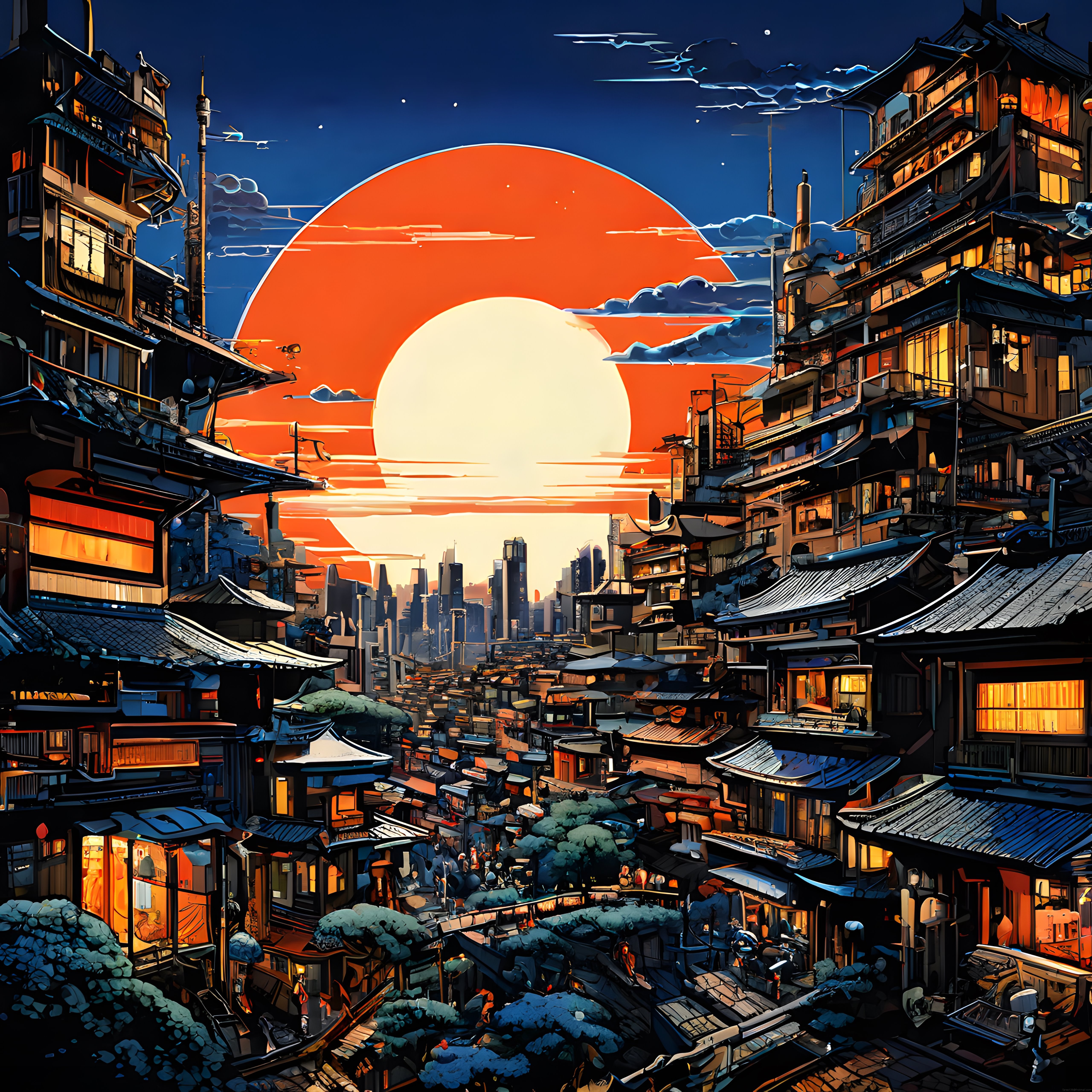 Geleneksel Japon sokaklarıyla modern şehrin buluştuğu anime stili gün batımı