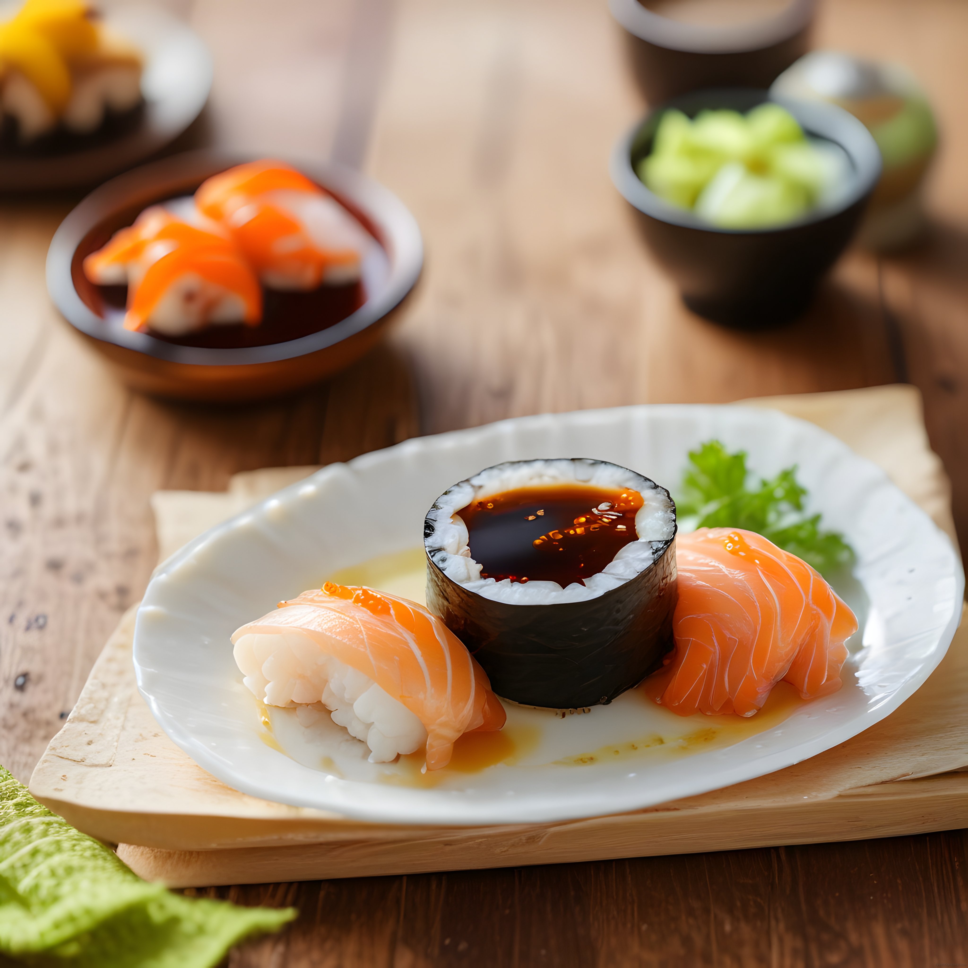 Geleneksel Japon Sushi Sunumu: Taze Somon, Soya Sosu ve Wasabi