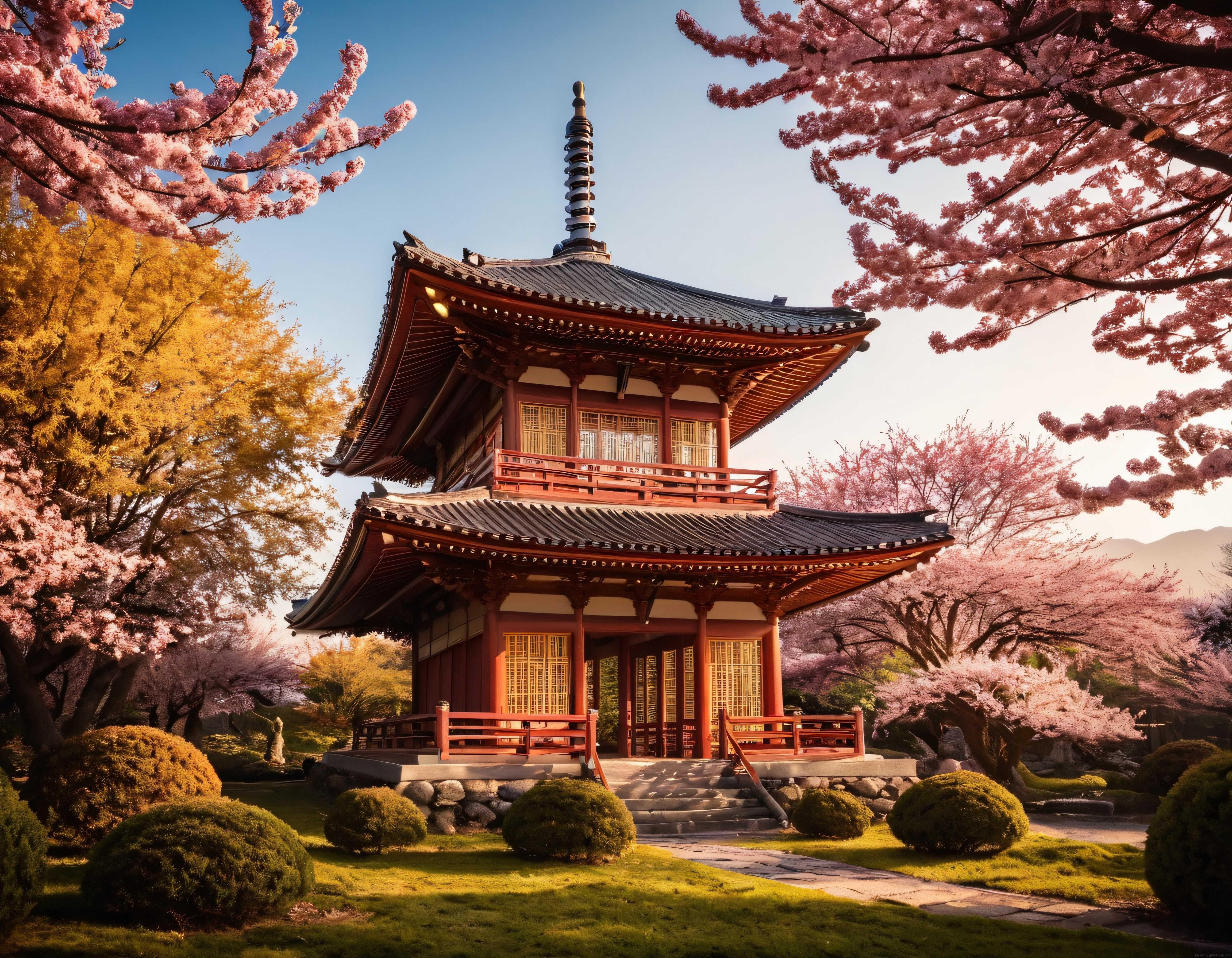 Geleneksel Japon Tapınağı ve Kiraz Çiçekleriyle Büyüleyici Bahar Manzarası