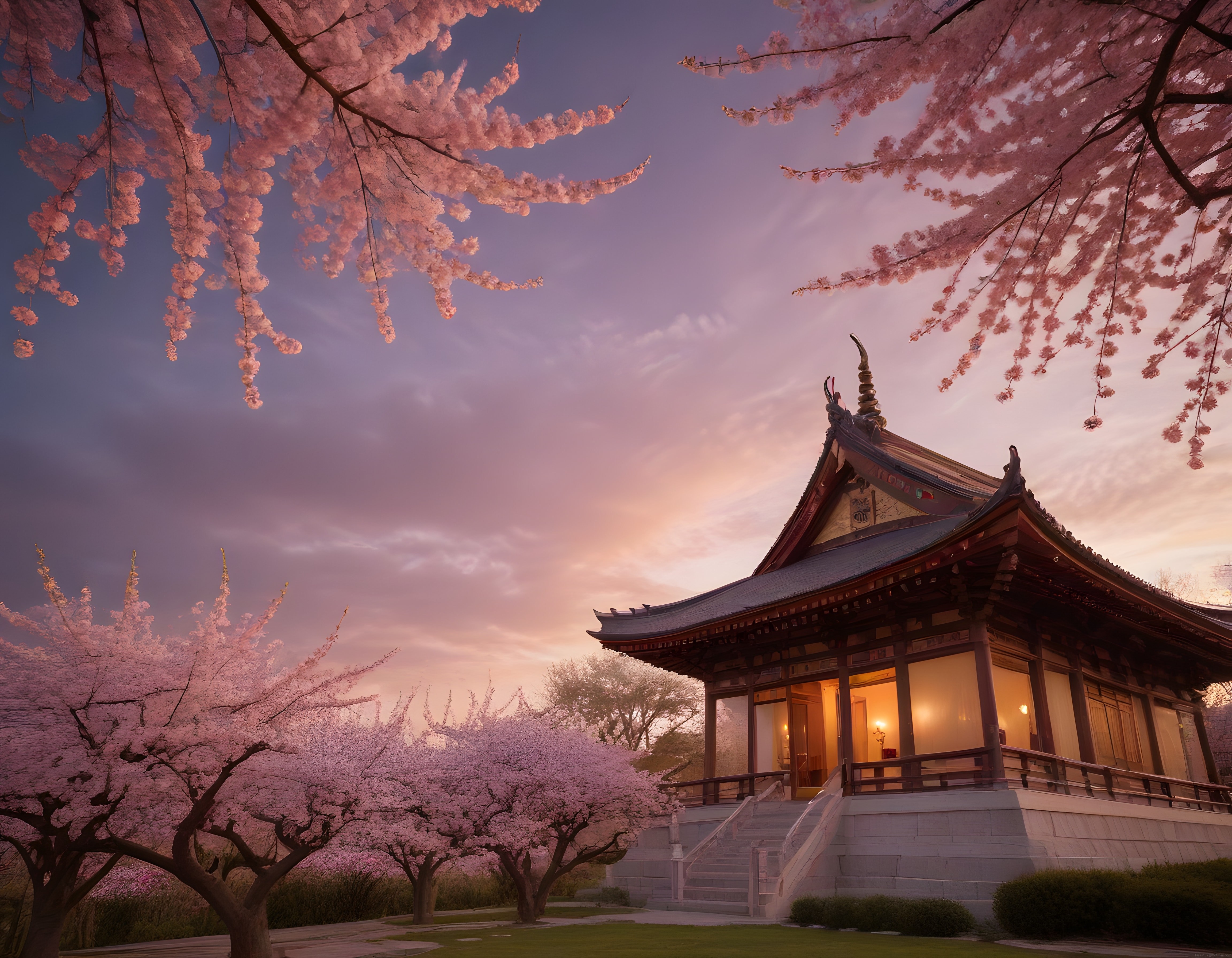 Geleneksel Japon Tapınağı ve Sakura Ağaçlarıyla Büyüleyici Bahar Manzarası