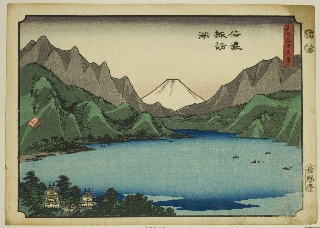 Geleneksel Japon Ukiyo-e Baskı: Göl Manzarasında Karlı Fuji Dağı ve Tapınaklar
