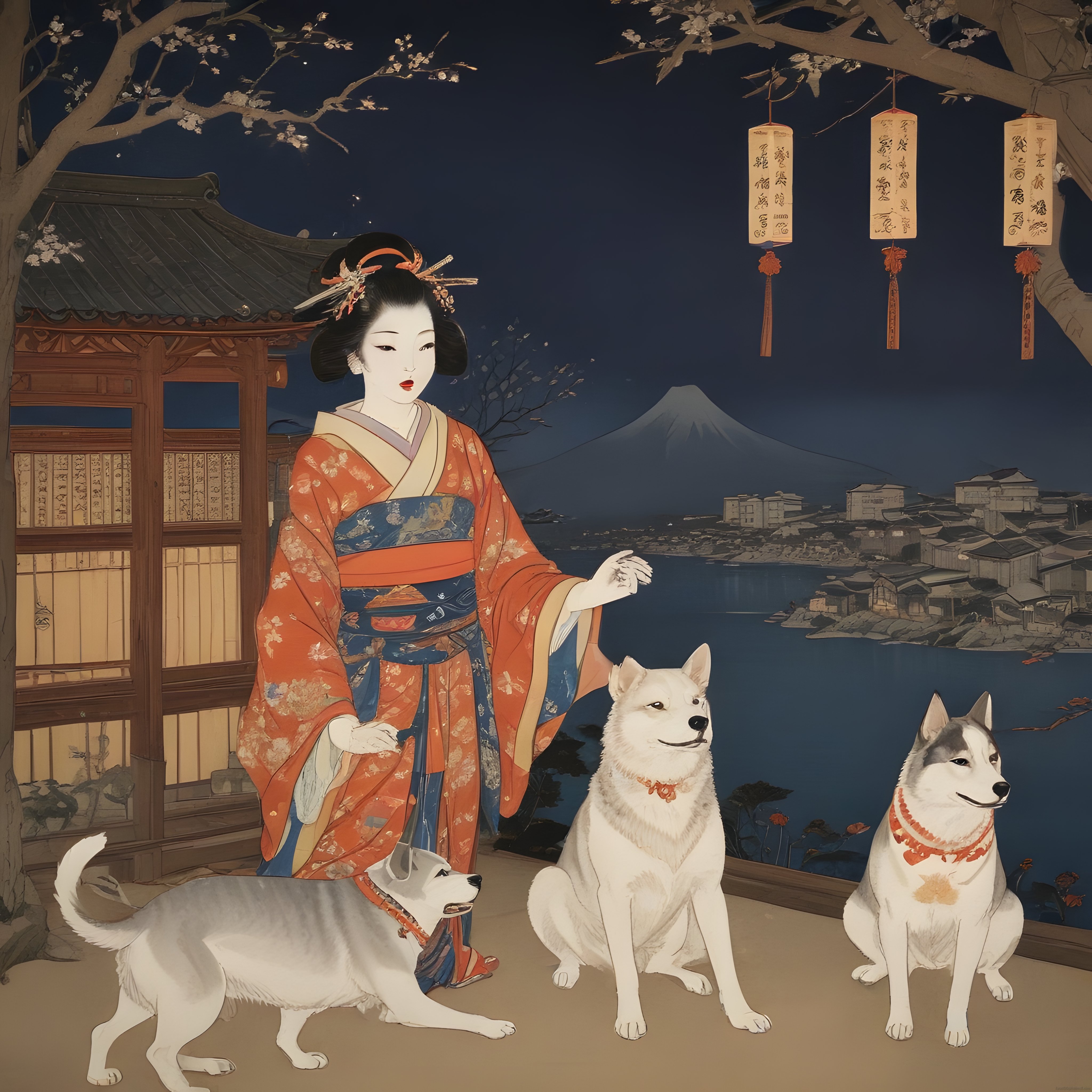 Geleneksel Kimonolu Geyşa, Üç Sadık Husky ve Fuji Dağı ile Japon Ukiyo-e Sanatı