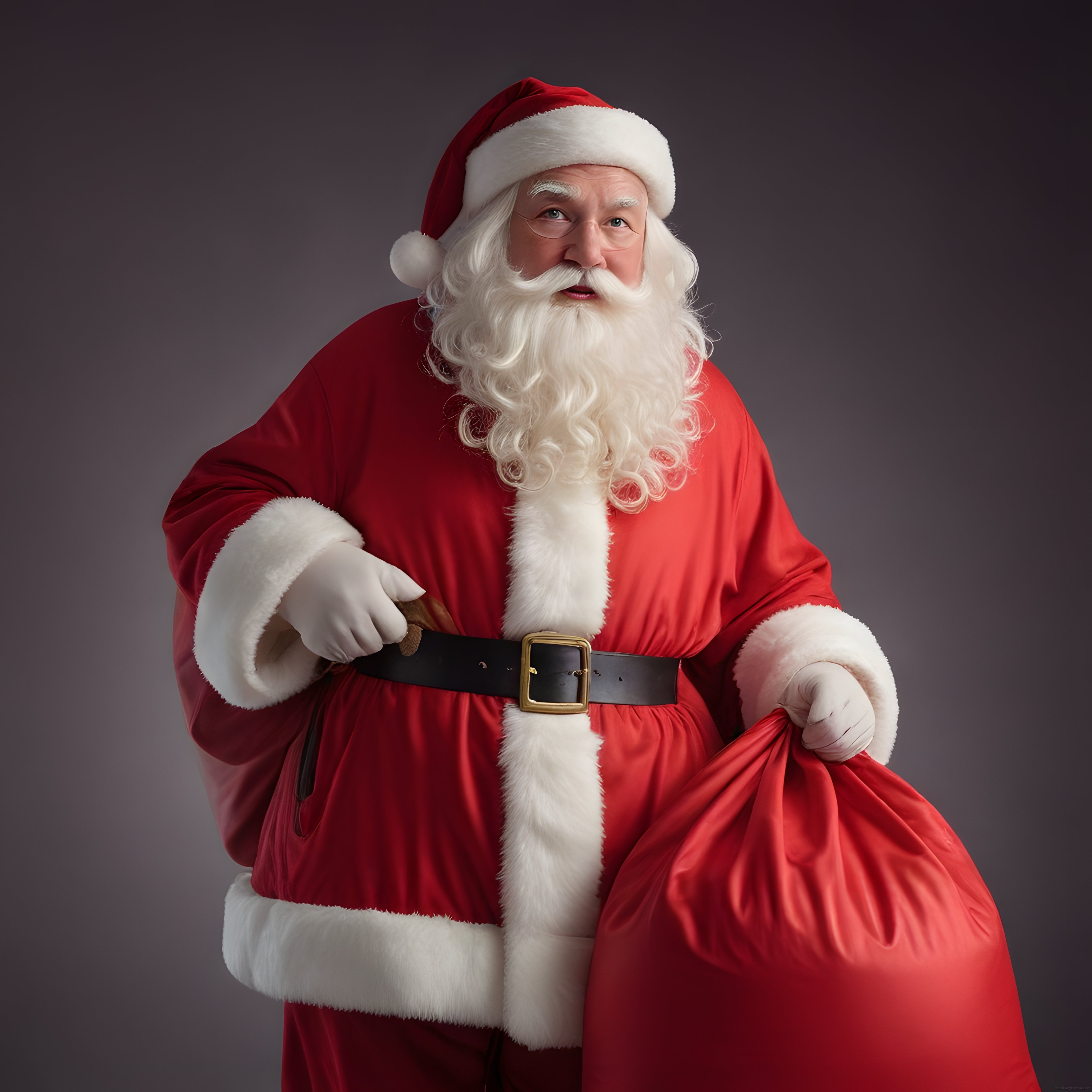 Geleneksel Kırmızı Kostümlü Noel Baba ve Hediye Çuvalıyla Stüdyo Portresi