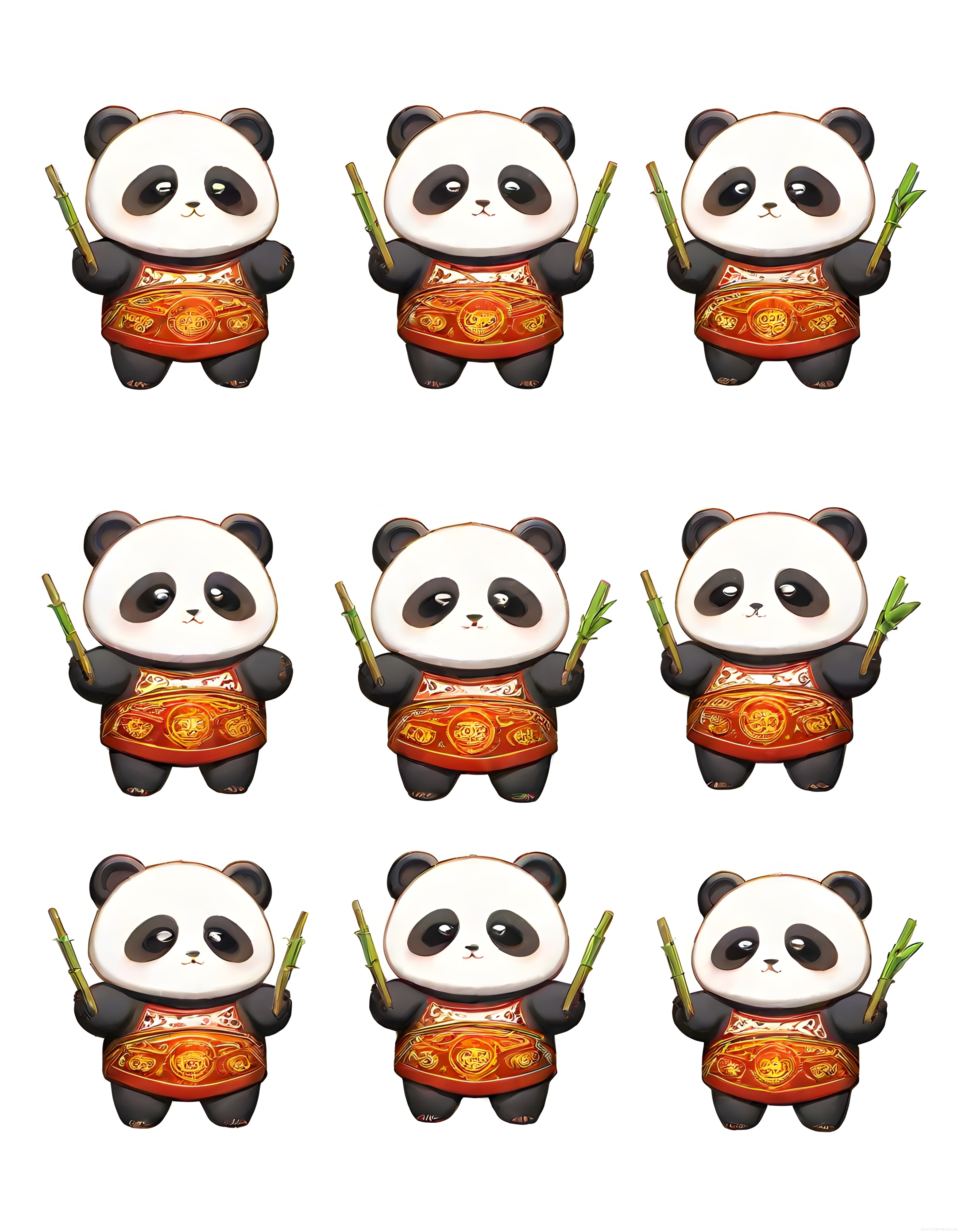 geleneksel kırmızı önlüklü sevimli panda karakterleri bambu çıkartma seti