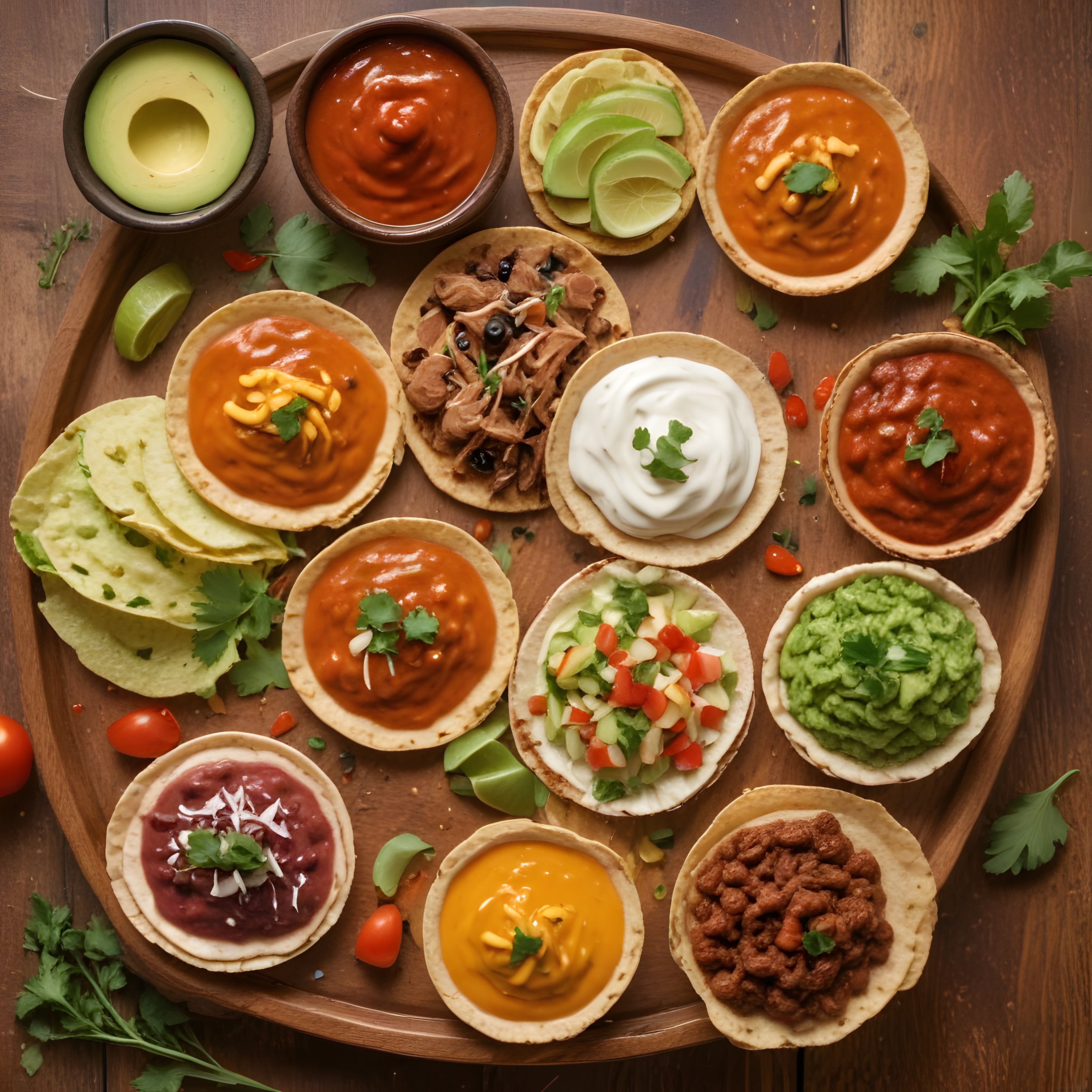 Geleneksel Meksika Mutfağından Tepsi Üzerinde Taco, Salsa ve Guacamole Sunumu