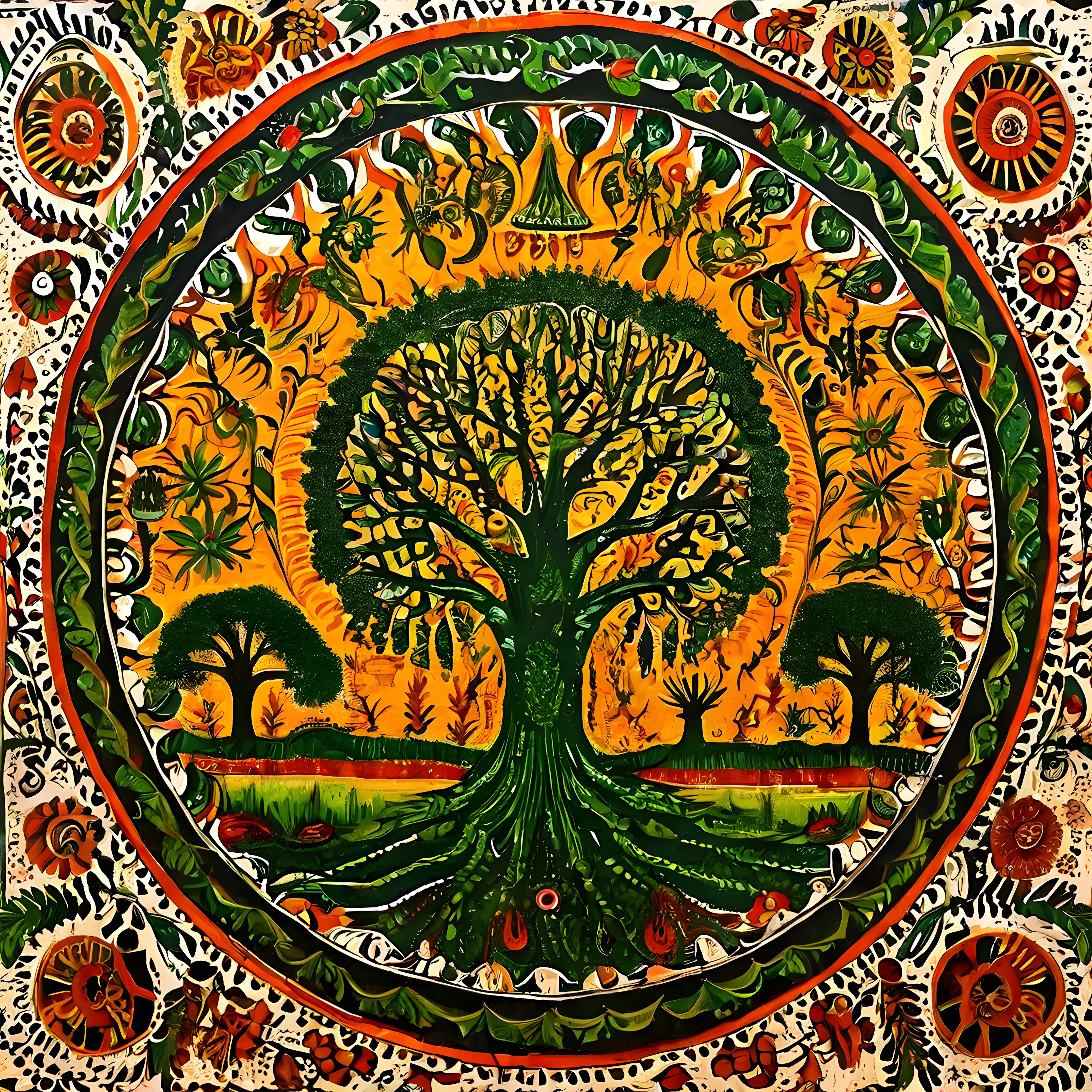 Geleneksel Minyatür Tarzında Hayat Ağacı ve Etnik Süslemelerle Çevrili Sanat
