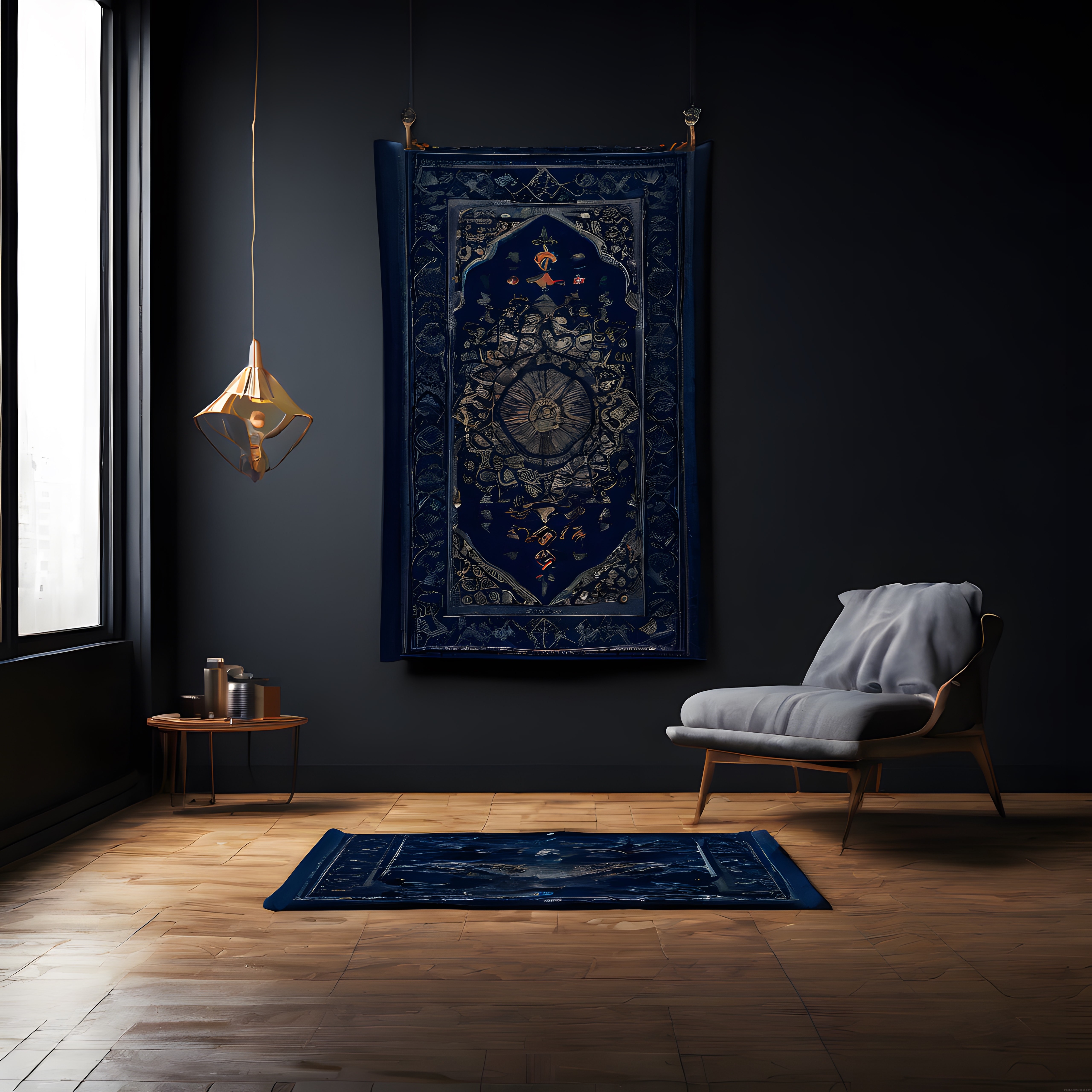 Geleneksel Motifli Lacivert Halı ve Modern Mobilyalarla Süslenmiş Şık Salon