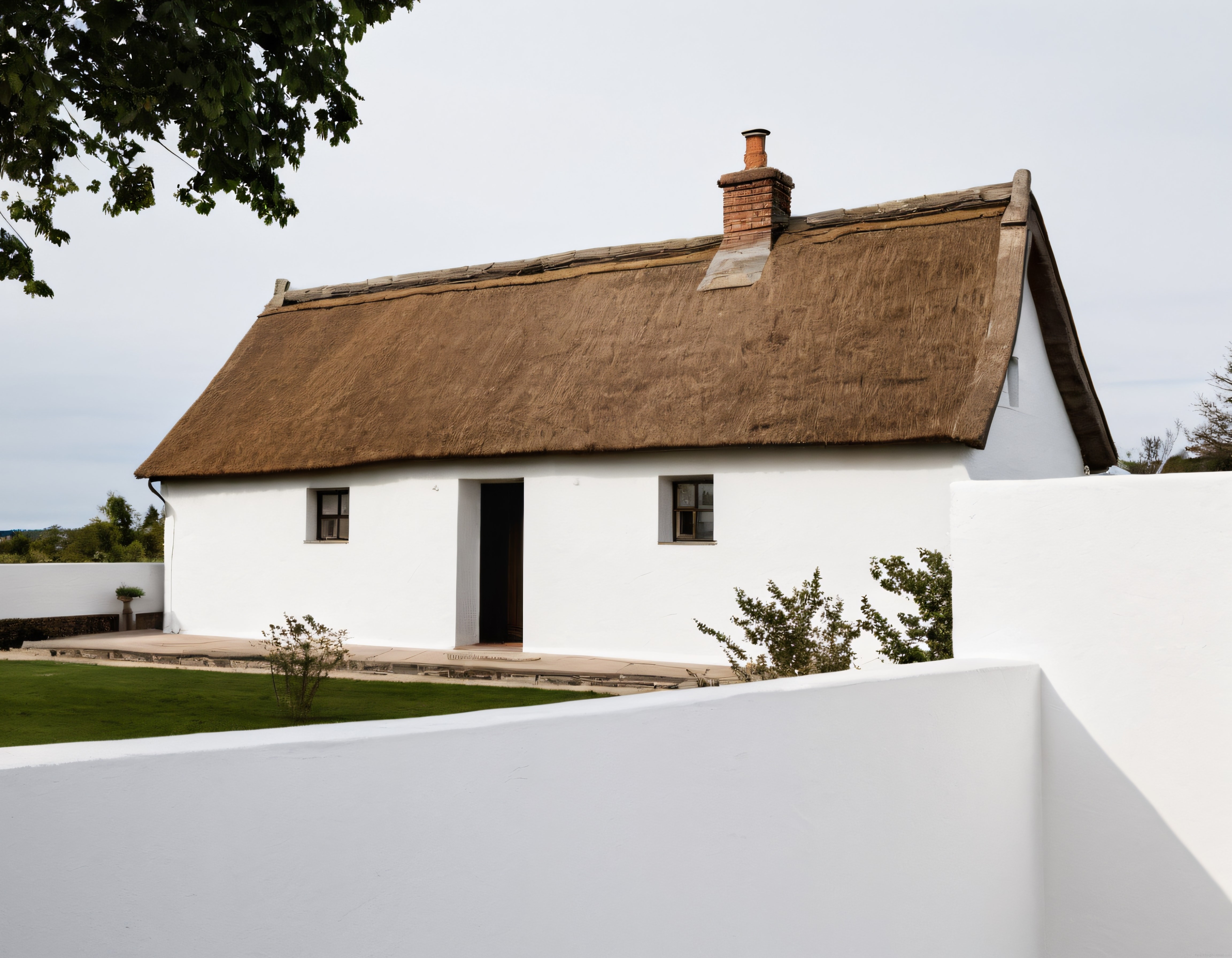 Geleneksel Saman Çatılı Beyaz Kır Evi ve Minimalist Bahçe Duvarı Manzarası