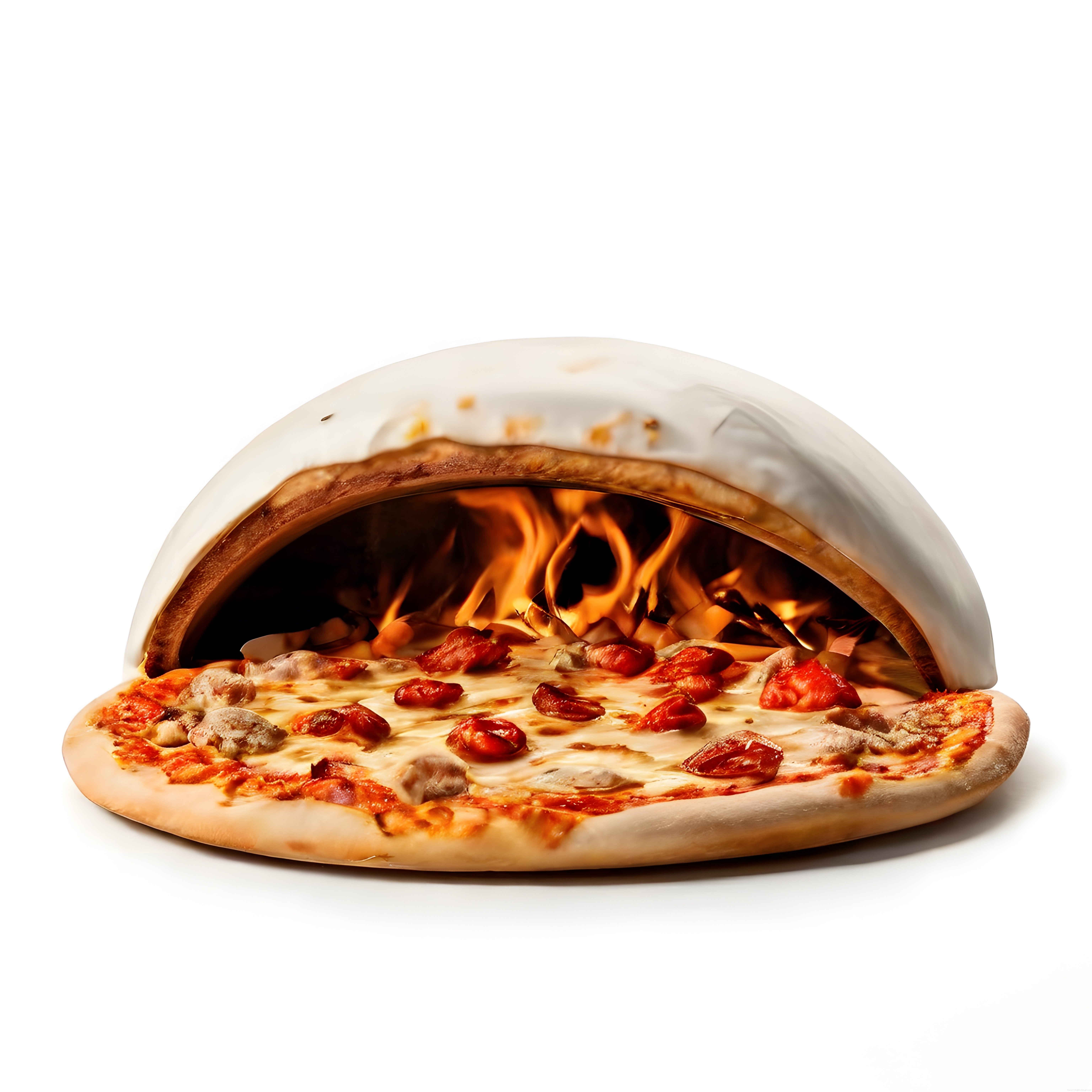 Geleneksel taş fırında alevler içinde pişen bol malzemeli nefis İtalyan pizzası