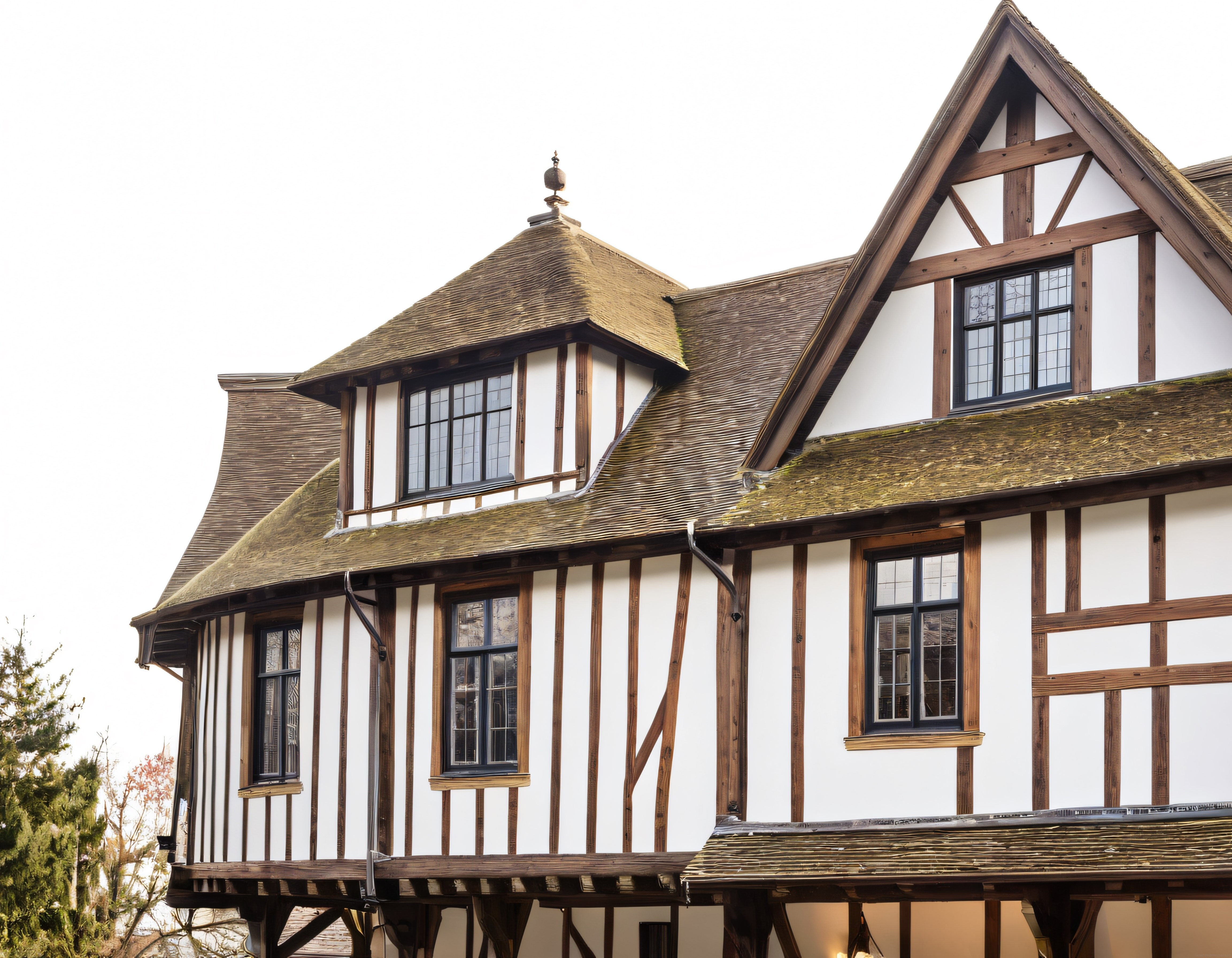 Geleneksel Tudor Tarzı Ahşap Karkaslı Ev ve Yosunlu Çatı Detayları