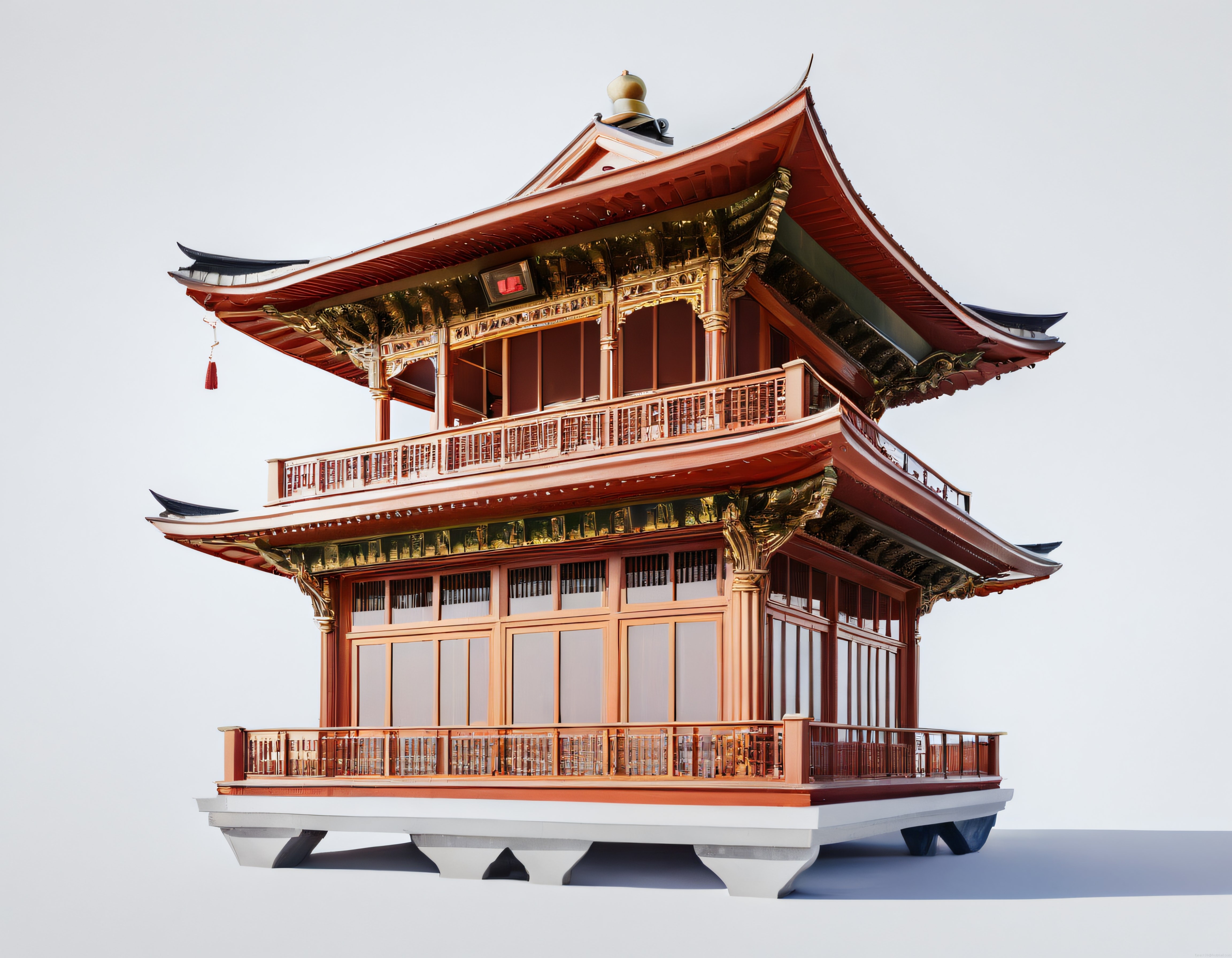 Geleneksel Uzakdoğu Mimarisi Altın İşlemeli Kırmızı Pagoda Tapınağı Sunumu