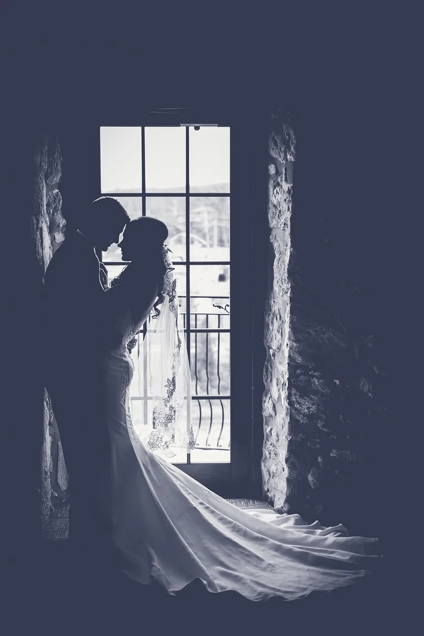 Gelin ve damat siluetli romantik düğün fotoğrafı