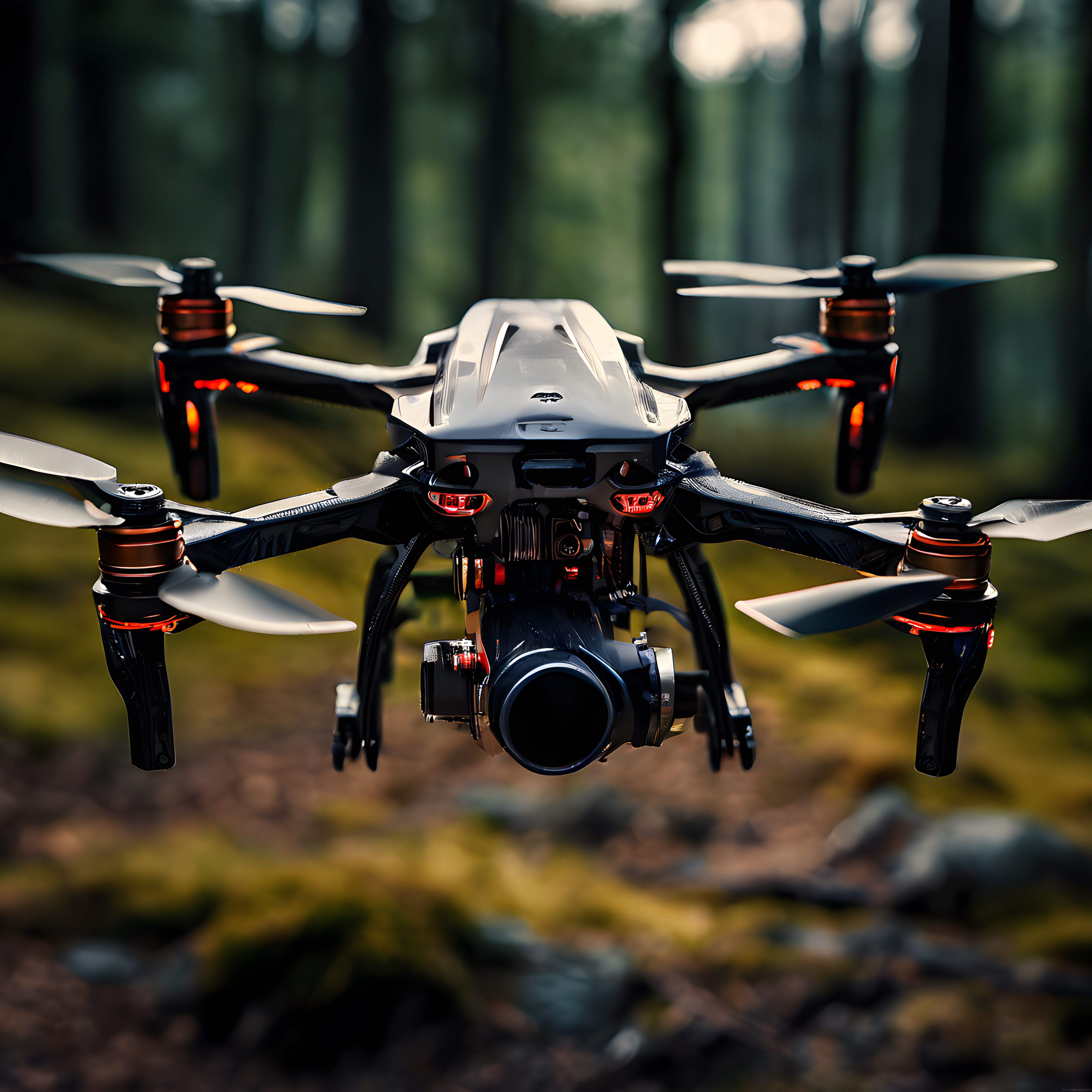 Gelişmiş dört pervaneli kamera drone'u ormanlık alanda düşük irtifada uçuşta