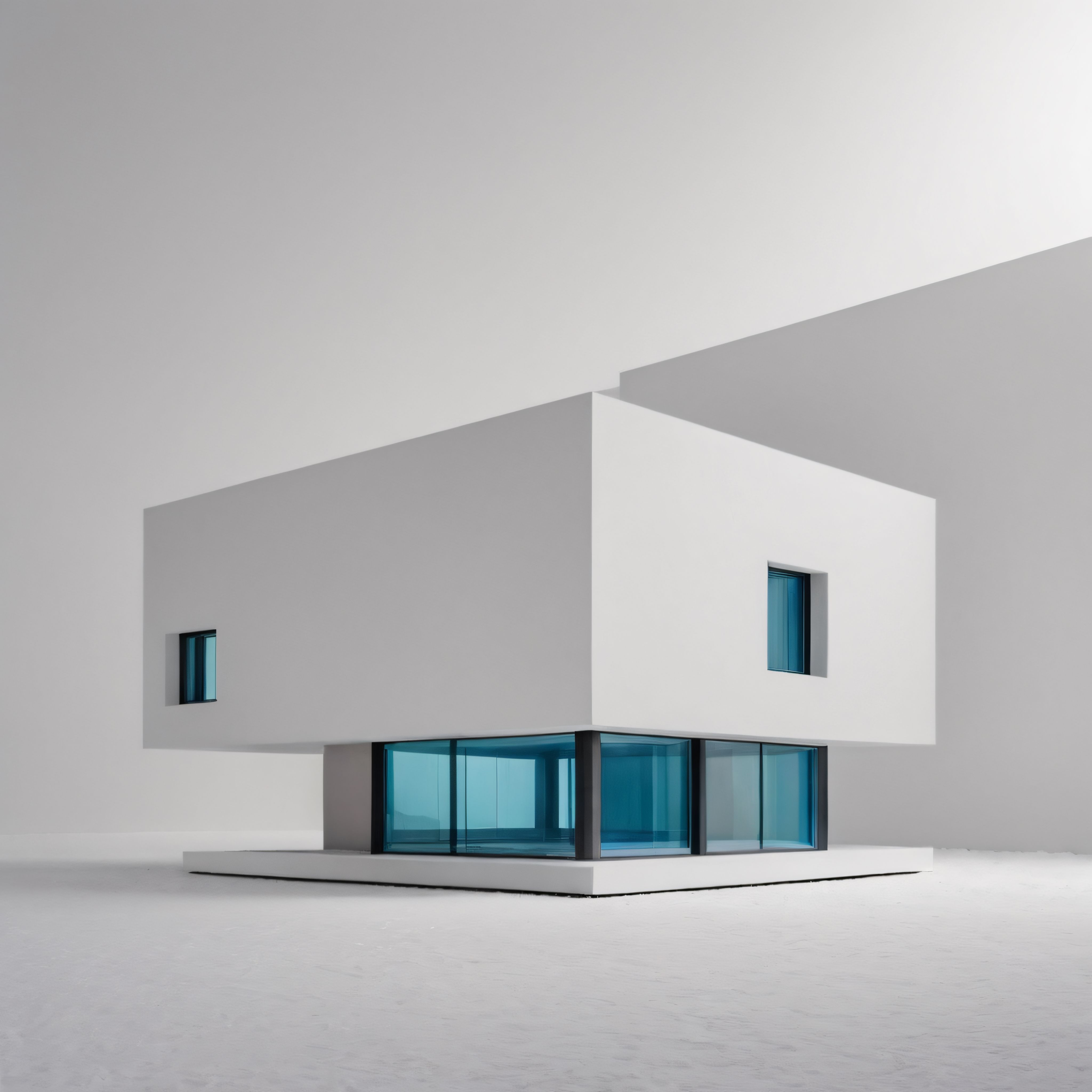 Geniş Açıdan Çekilmiş Minimalist Beyaz Villa ve Mavi Cam Detayları