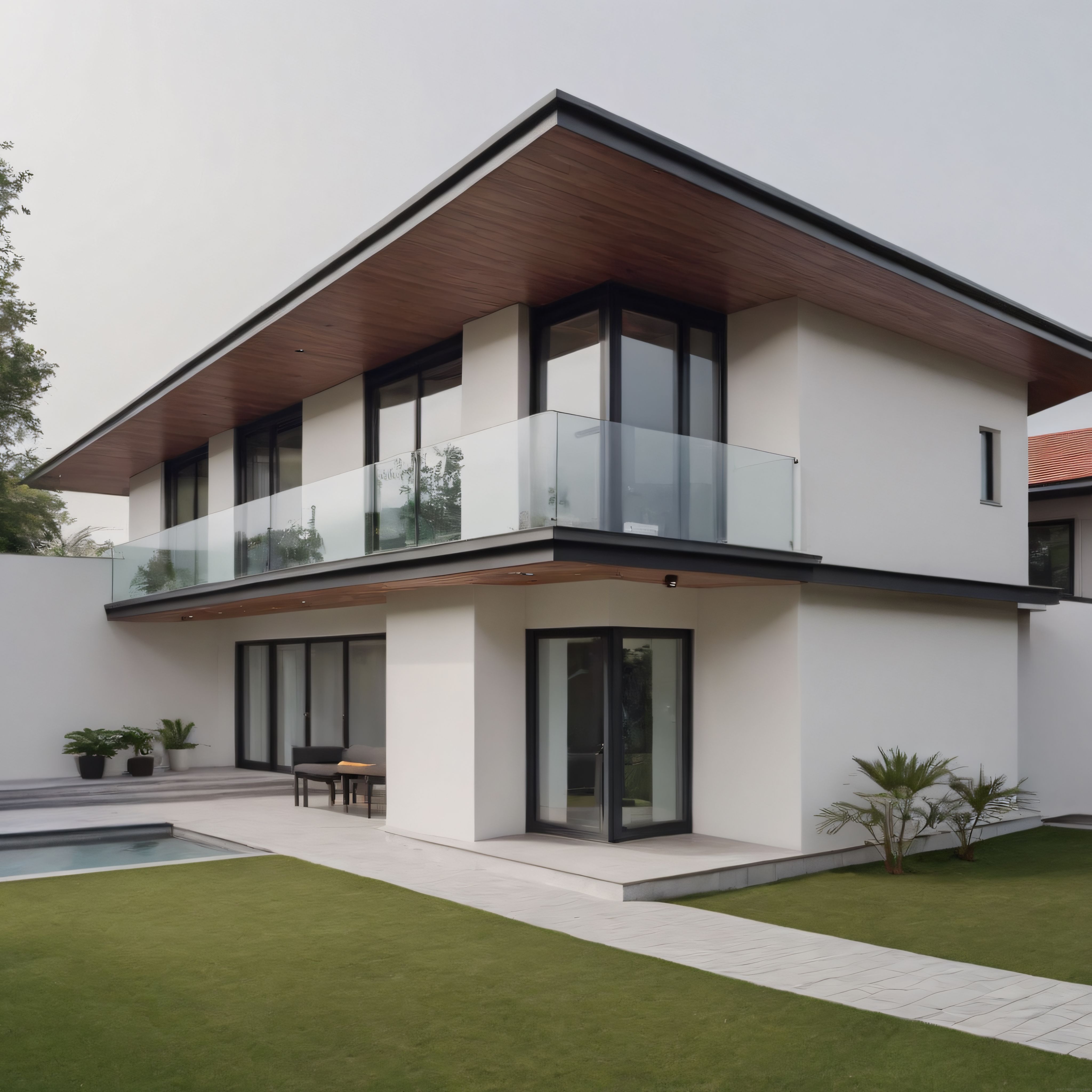 Geniş Ahşap Çatılı ve Cam Balkonlu Modern Beyaz Villa Tasarımı