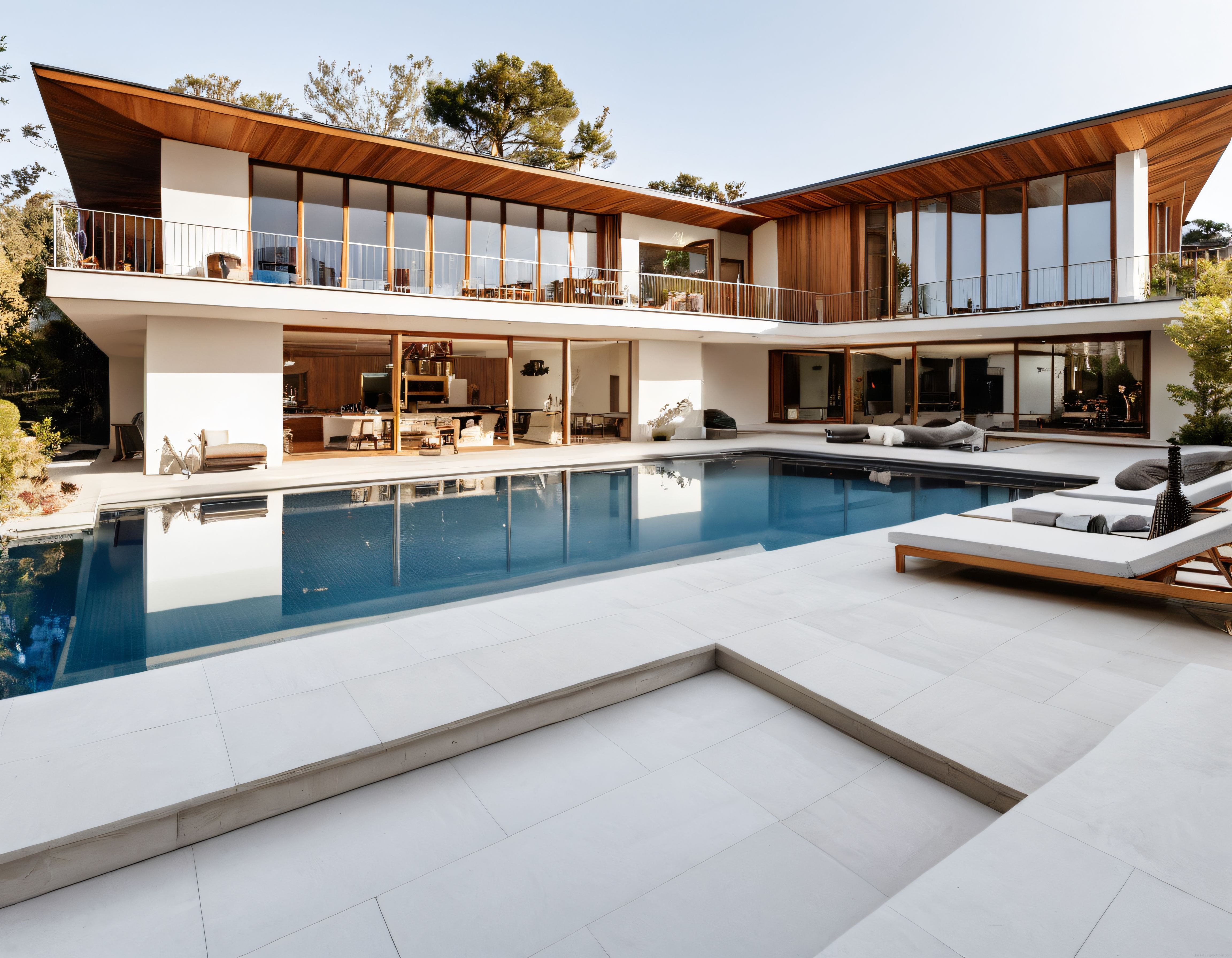 Geniş camlı modern villa ve açık havuz manzarası