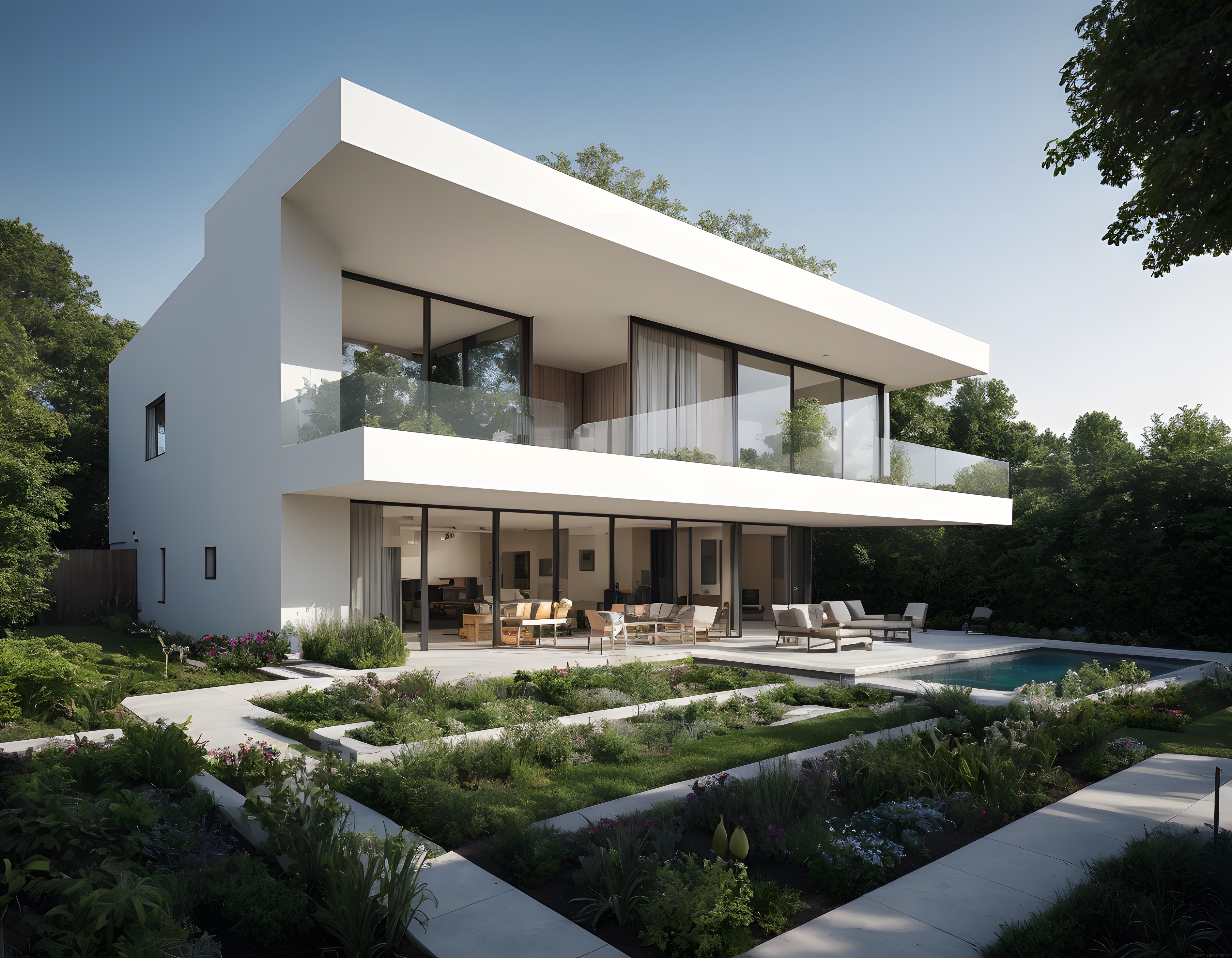 Geniş Camlı ve Havuzlu Modern Beyaz Villa ile Zen Bahçe Tasarımı