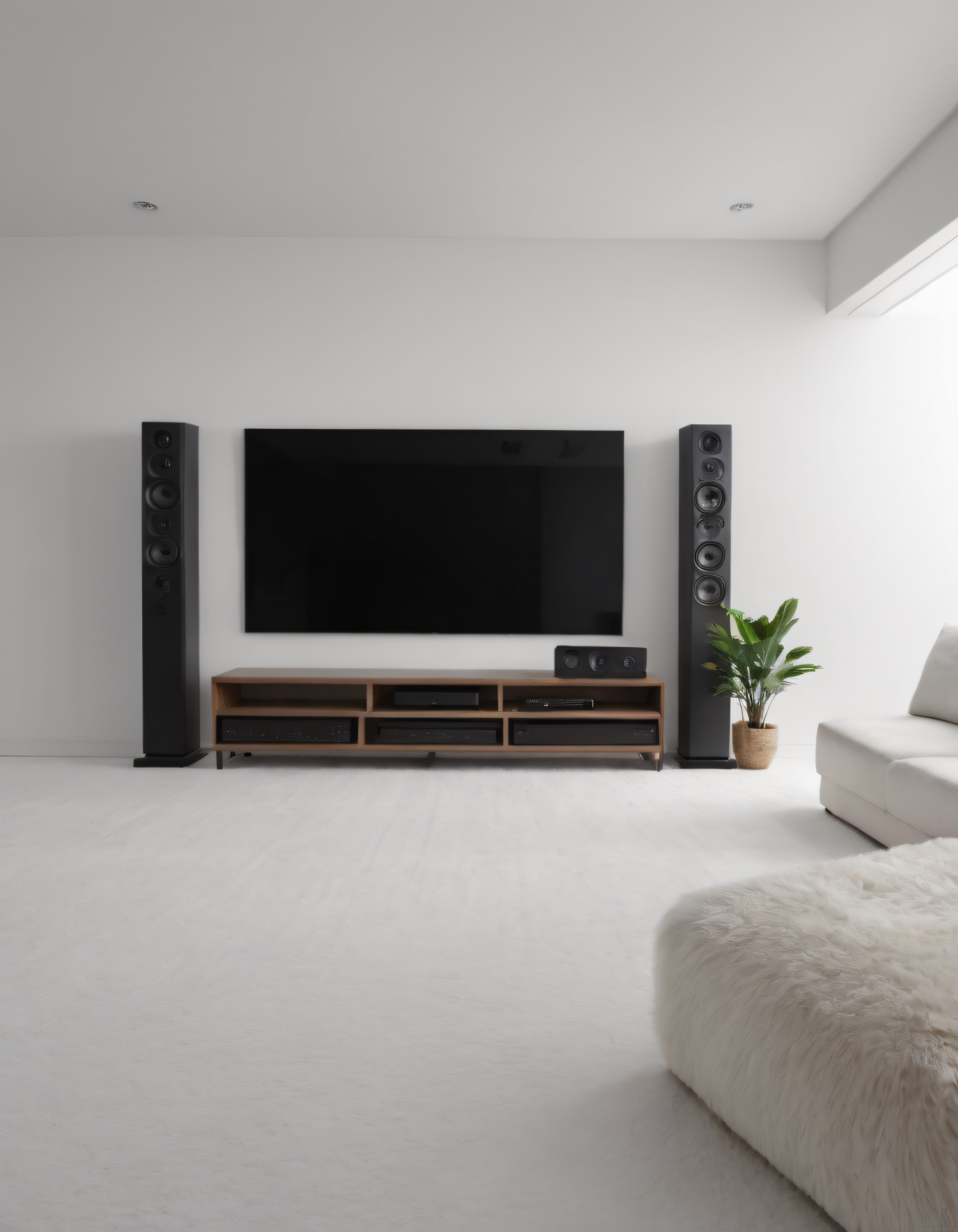 Geniş Ekran TV ve Kule Hoparlörlü Modern Minimalist Salon Dekoru