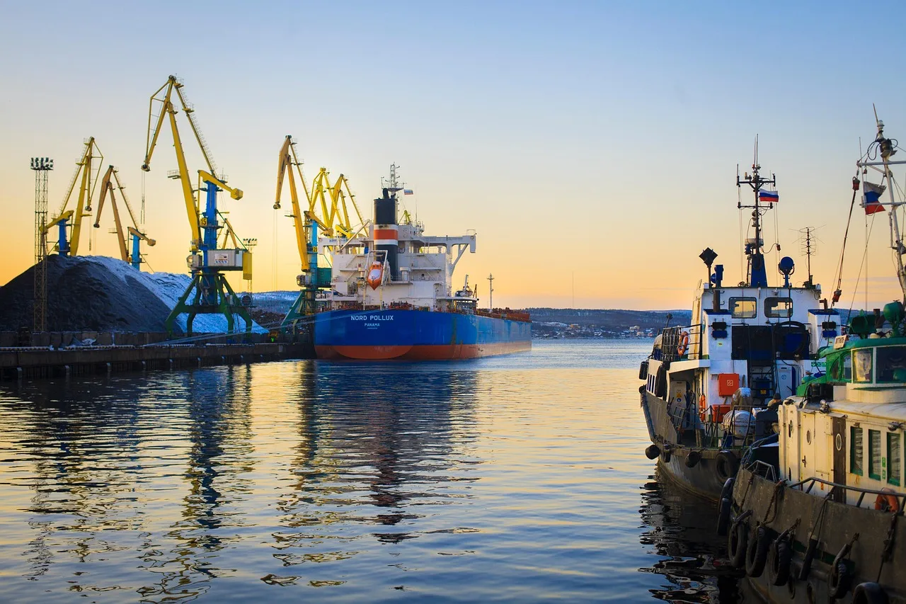 Geniş limanda vinçli gemi limanı - deniz ve taşıma