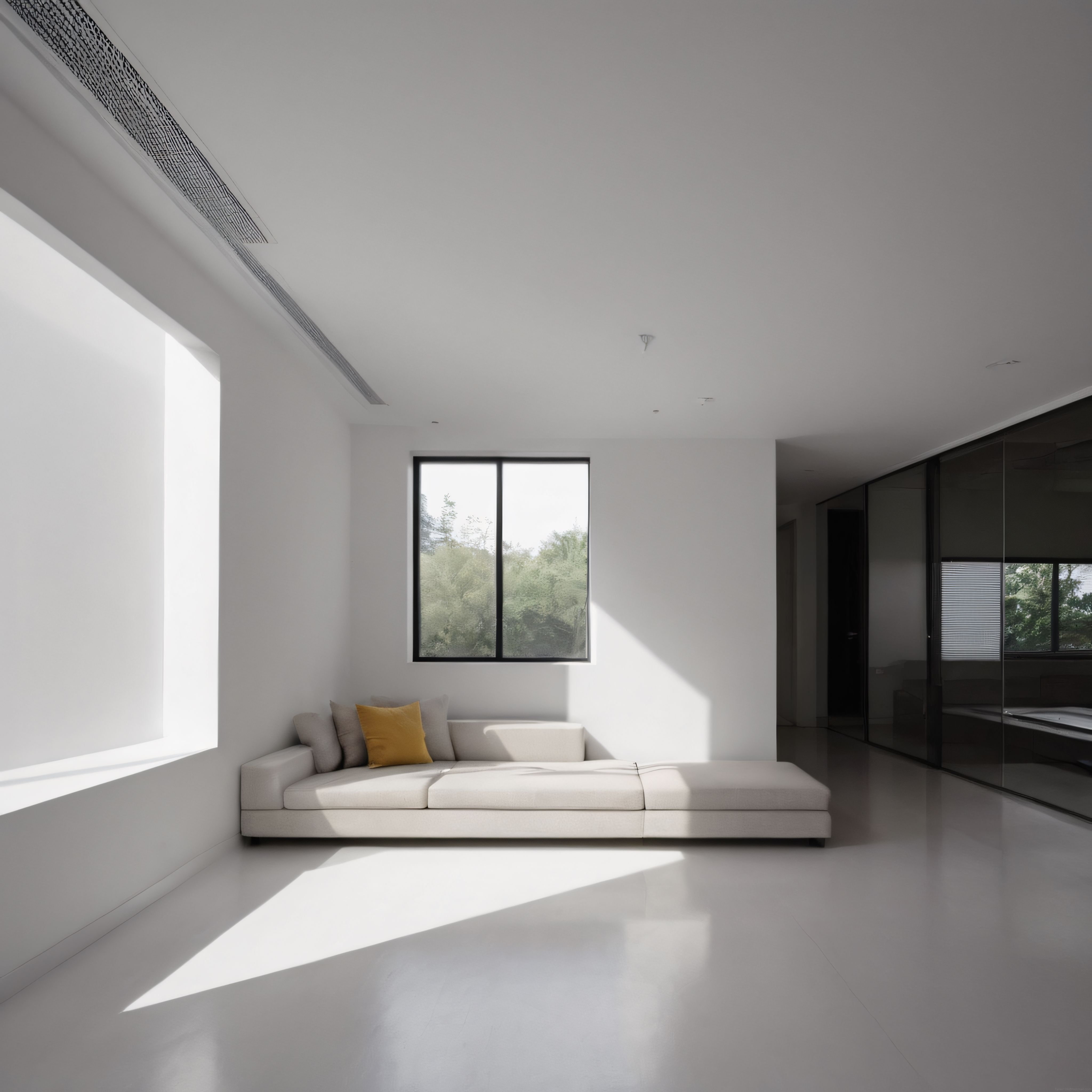 Geniş Pencereli Minimalist Beyaz Salon ve Doğal Işık Dekorasyonu