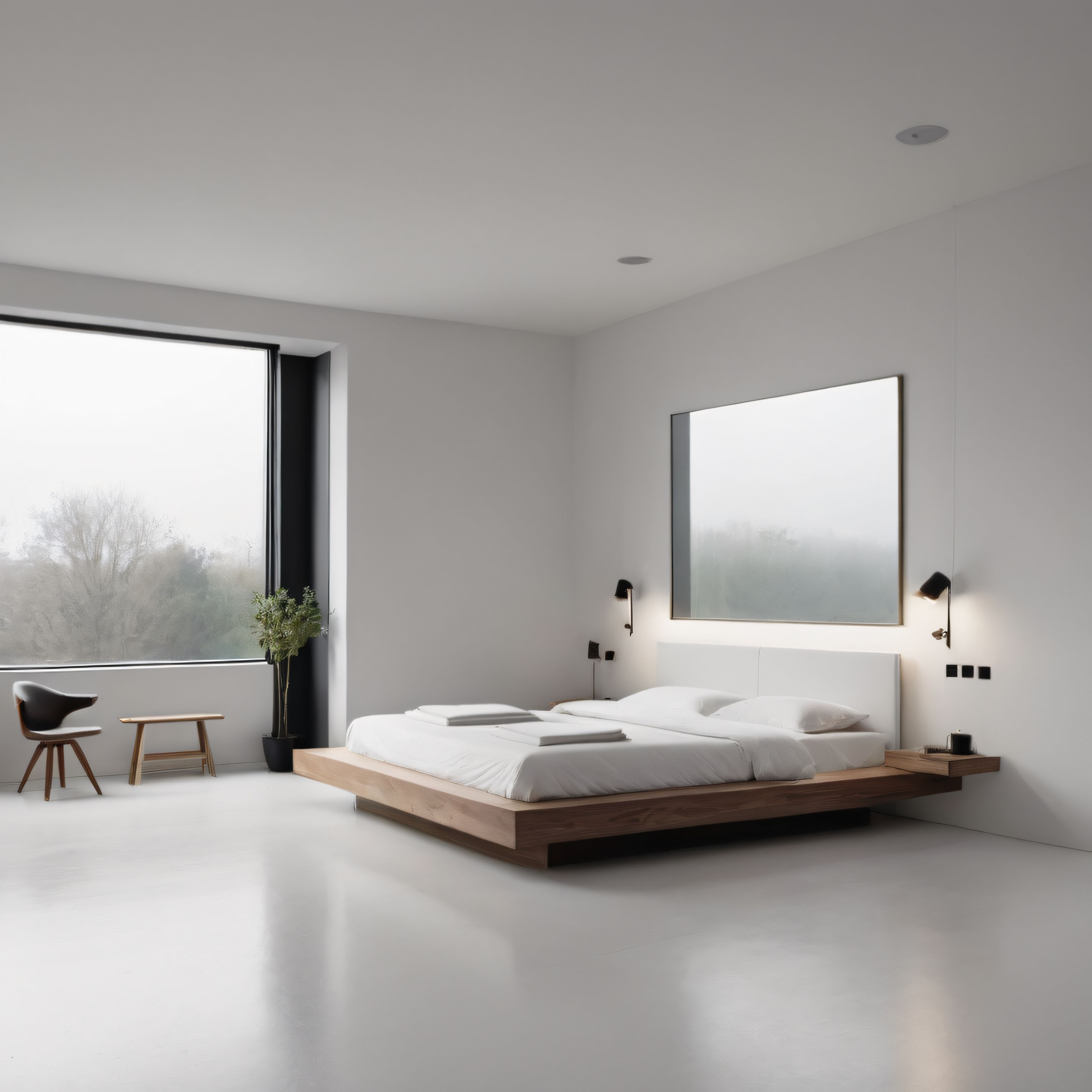 Geniş Pencereli Modern Yatak Odası: Minimalist Dekorasyon ve Doğal Ahşap Detaylar